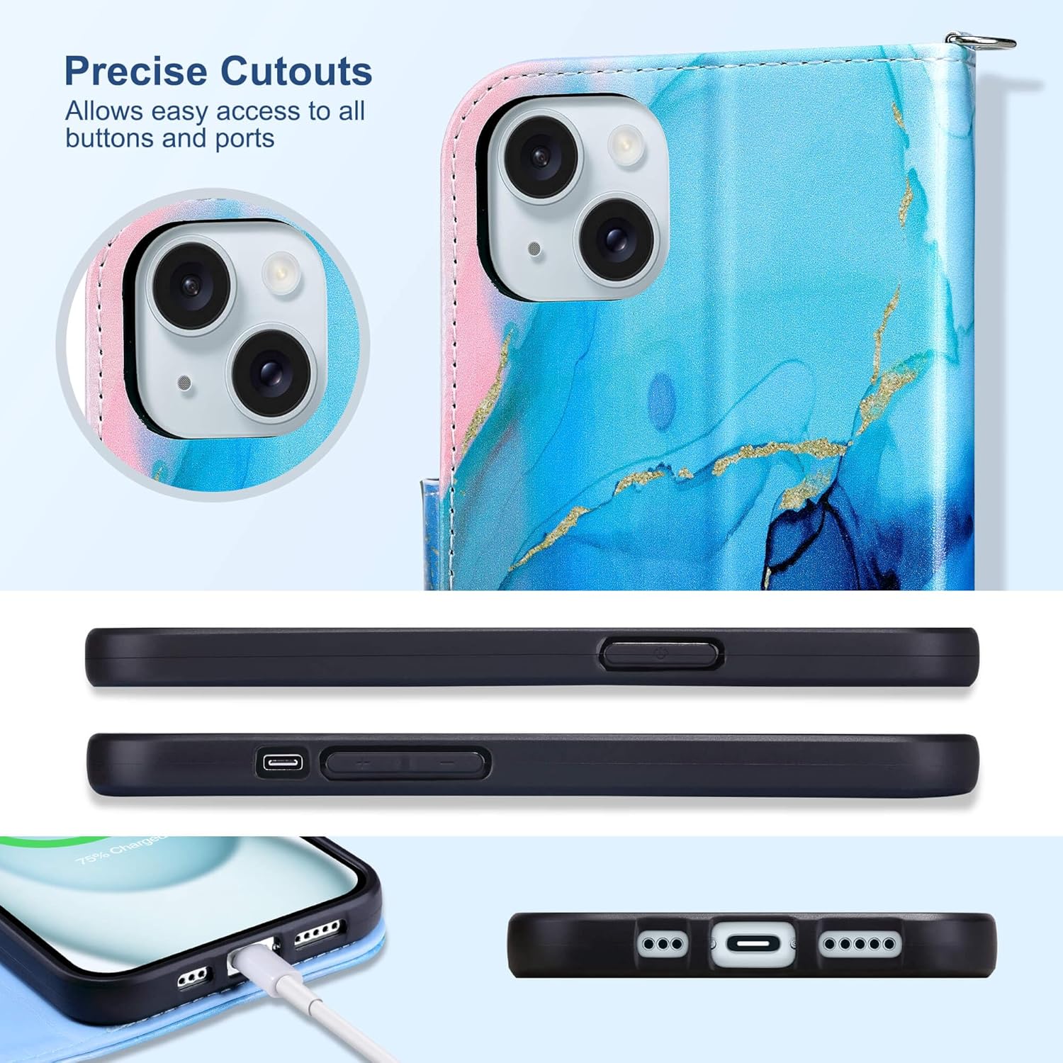 ULAK Funda de piel sintética de alta calidad compatible con iPhone 15 con tarjetero y función atril para iPhone 15 2023 de 6.1 pulgadas, mármol