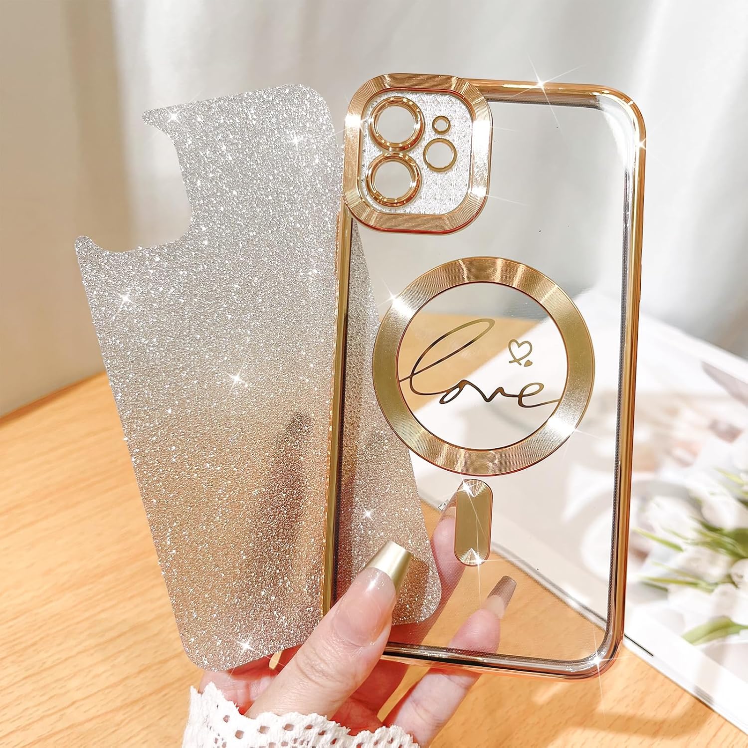 Fiyart Funda compatible con iPhone 12, compatible con MagSafe Love con protección de cámara, transparente, purpurina magnética para mujeres y niñas,