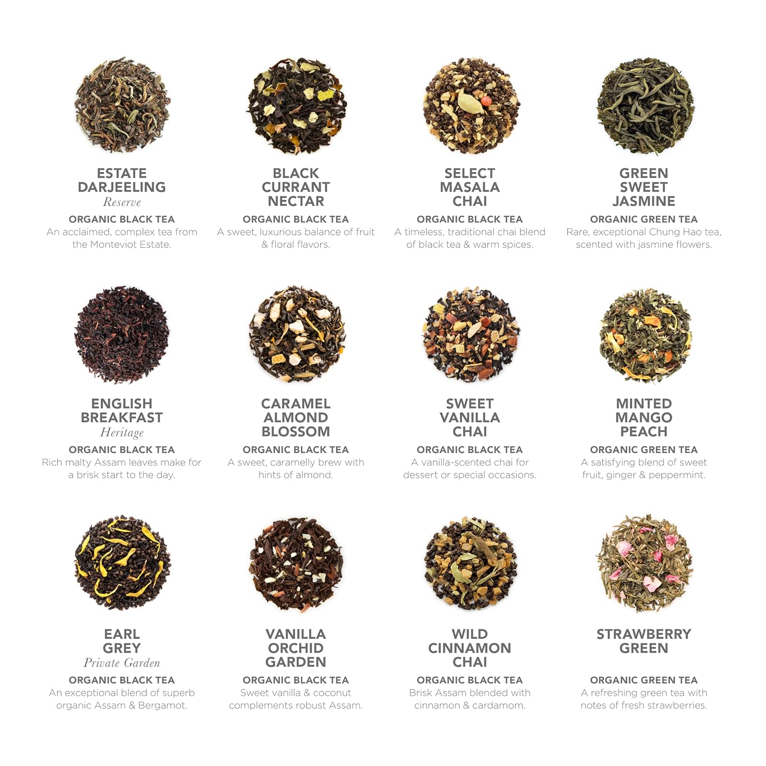 Teabloom – Colección de té piramidal más fina del mundo, 24 variedades de tés orgánicos certificados por USDA – Té negro, té verde, té blanco, té
