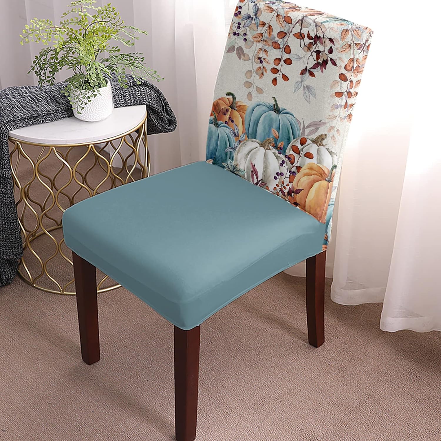 Juego de 6 fundas para silla, diseño retro otoñal, naranja, blanco, azul, cosecha, hojas de calabaza, fundas elásticas extraíbles para sillas Parson