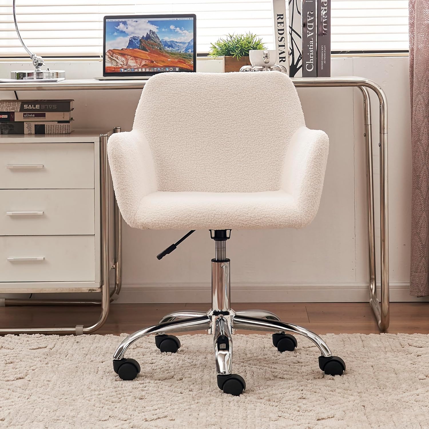 Goujxcy Silla de oficina peluda, silla de escritorio giratoria de piel sintética, silla de oficina en casa de piel sintética, silla tapizada de