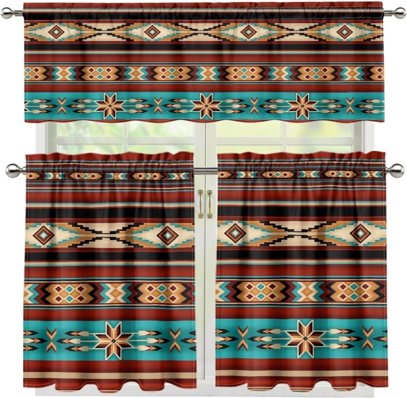 Gomyblomy Azteca – Juego de cortinas y cortinas con bolsillo para barra, juego de 3 cortinas de cocina, elegante y lavable, decoración del hogar,