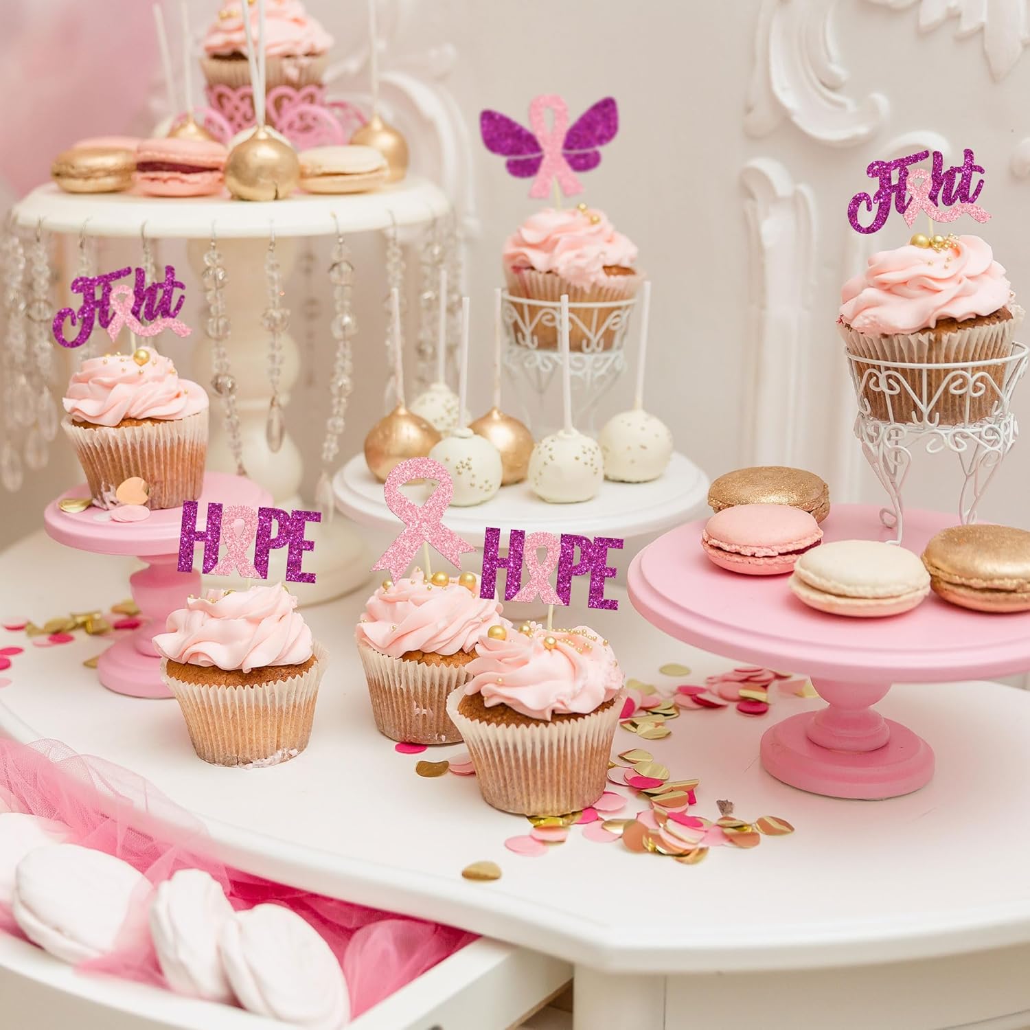 Gyufise 24 piezas de adornos para cupcakes con purpurina para concientización sobre el cáncer de mama, mariposa, lucha, esperanza, beliveve, cinta