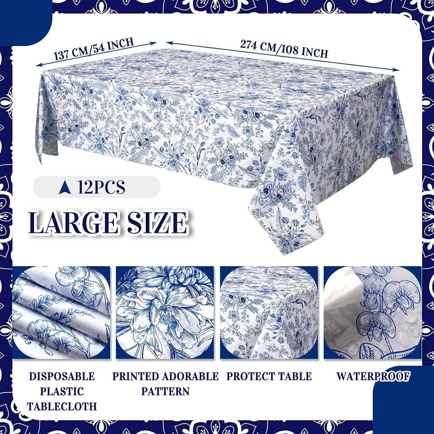 12 manteles de plástico florales azules, mantel de plástico con flores vintage, desechables, rectangular, de plástico, 54 x 108 pulgadas, para