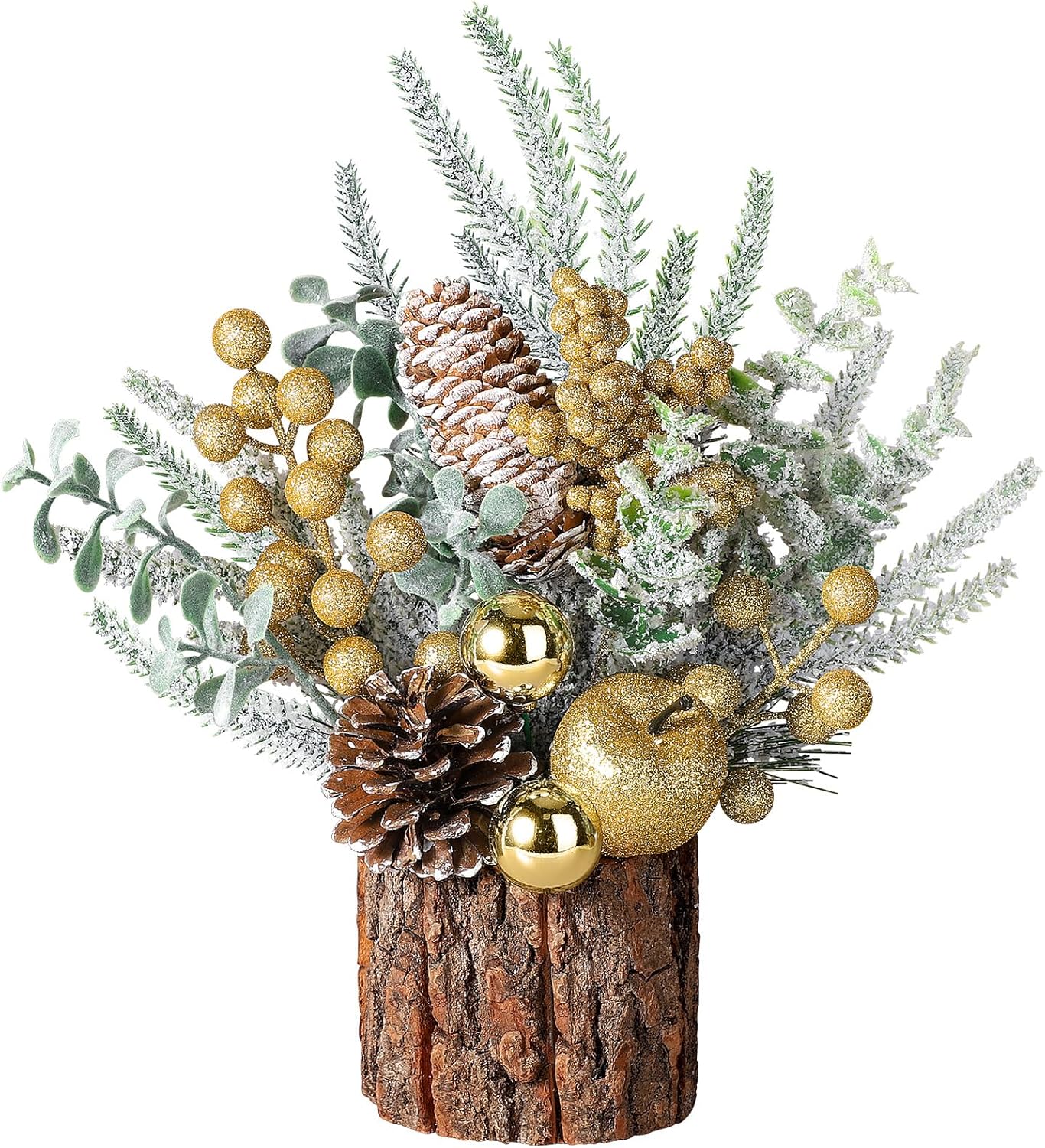 Hatisan Árbol de Navidad pequeño de mesa con adornos, piñas de pino, bayas – redondo dorado