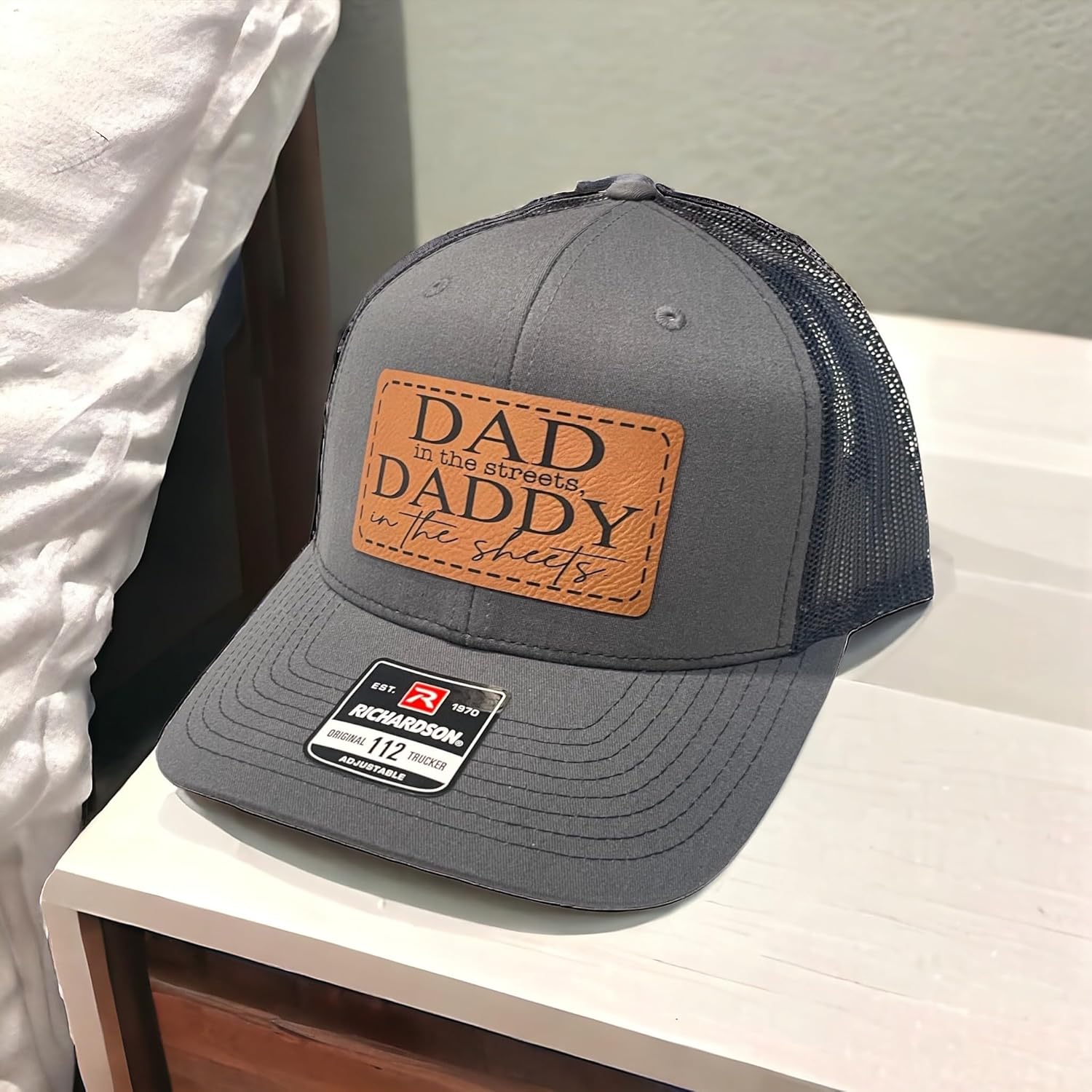 Dad In The Streets Daddy In The Sheets Hat Mens Funny Dad Baseball Cap (CharcoalBlk with Rawhide Patch)