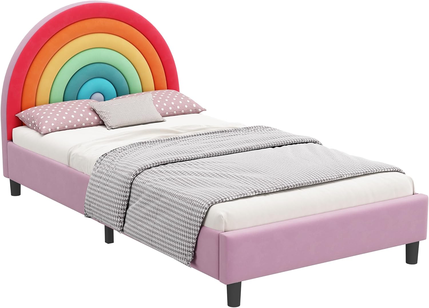 SOFTSEA Marco de cama tamaño individual, marco de cama individual para niños, cama de plataforma tapizada tamaño individual con cabecera arcoíris,