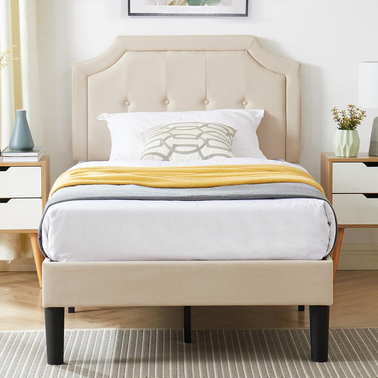 VECELO Base de cama de plataforma tapizada individual con cabecera de panel cosida con botón ajustable, soporte de listones de madera fuerte, diseño