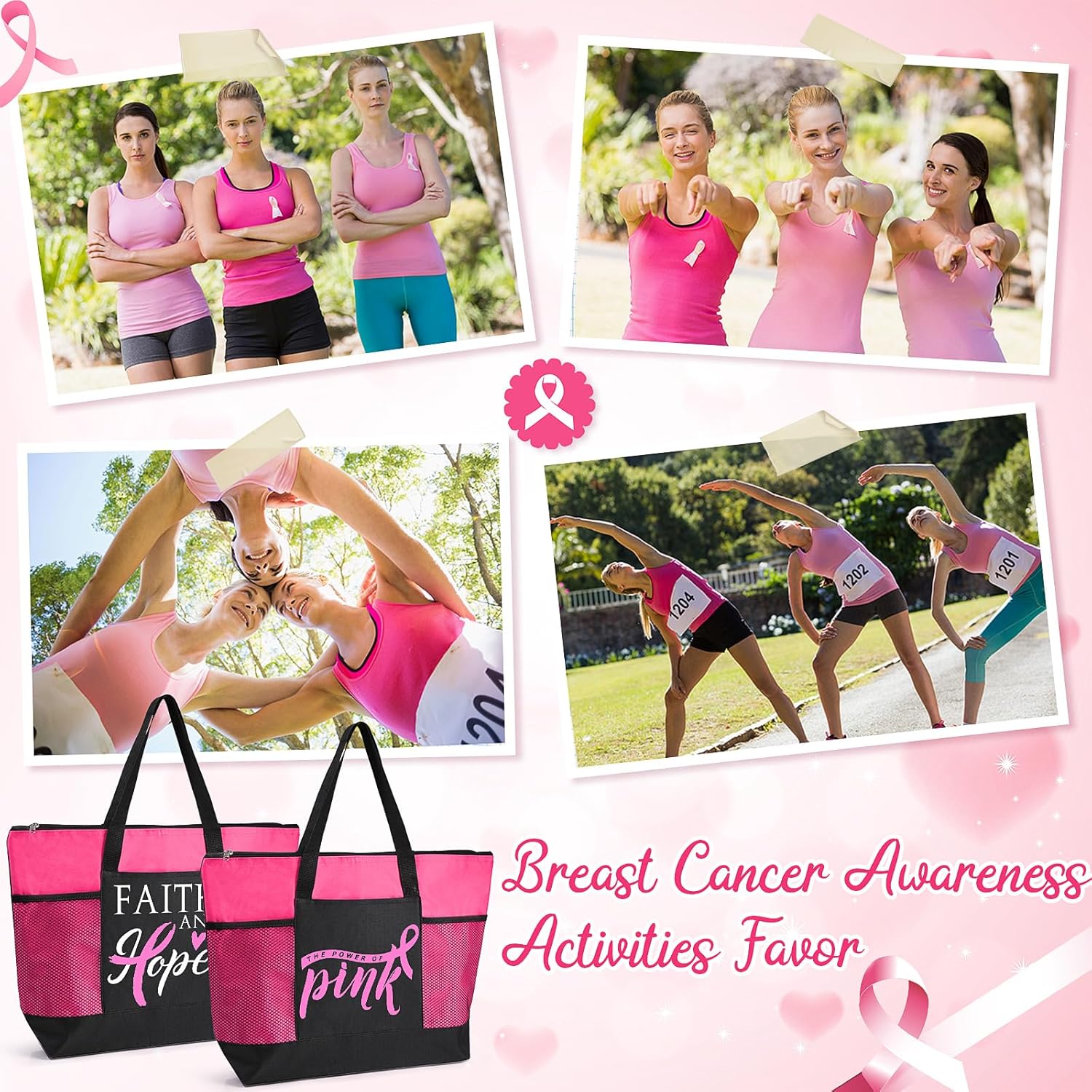 Set de regalo de concientización sobre el cáncer de mama para mujeres, bolsas de mano con letrero de cinta rosa
