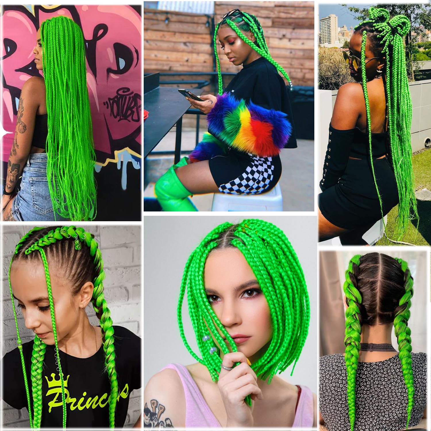 Extensiones de cabello trenzado Kanekalon verde lima que brilla en la oscuridad, 24 pulgadas, 3 piezas, sin nudos, jumbo, trenzas de caja, cabello