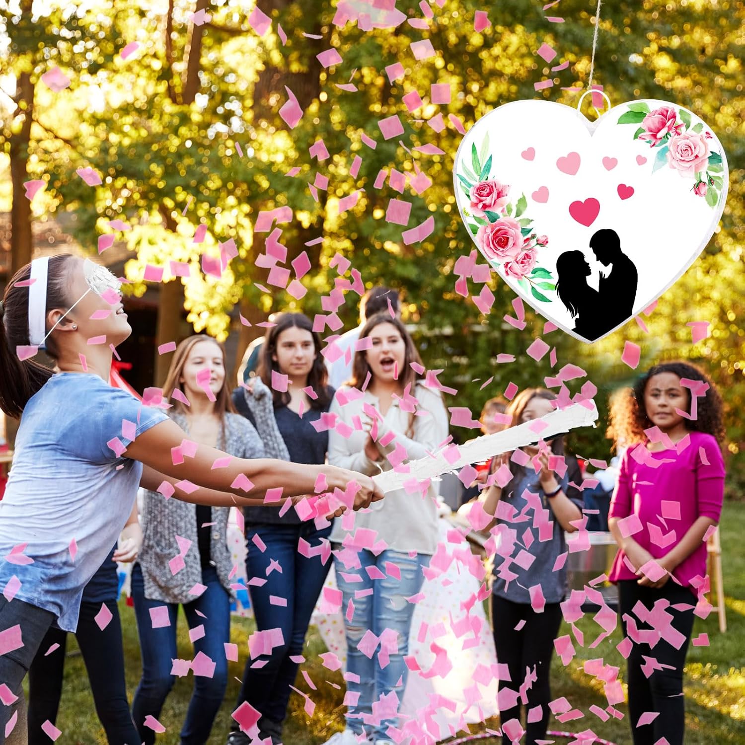 Hicarer Piñata blanca, corazón, piñata de boda, corazón, suministros de fiesta blanca, recuerdos de boda, decoración de piñata con palo y venda para