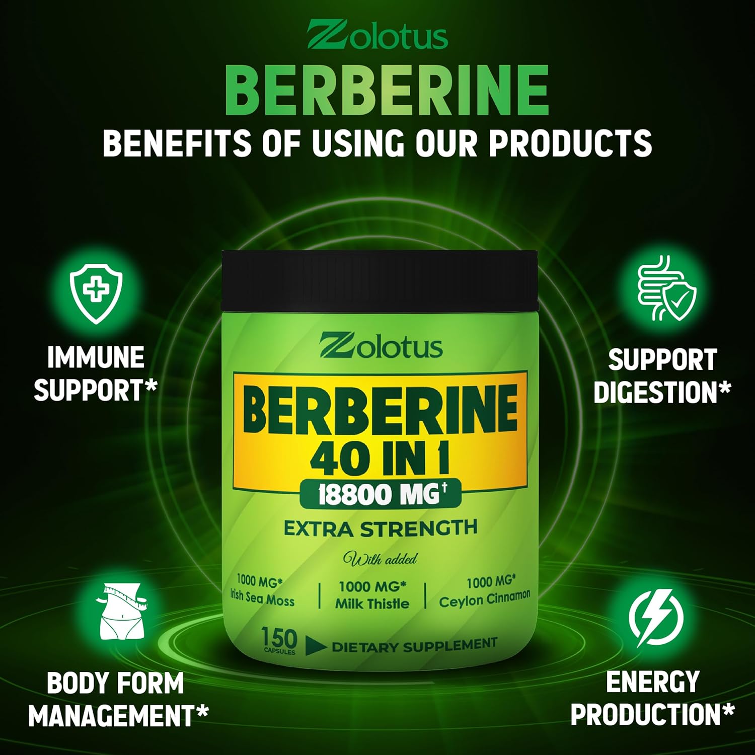 Zolotus Suplemento de berberina de 18800 mg 40 en 1, con musgo marino, canela, cardo mariano, vinagre de sidra de manzana, quercetina, el mejor