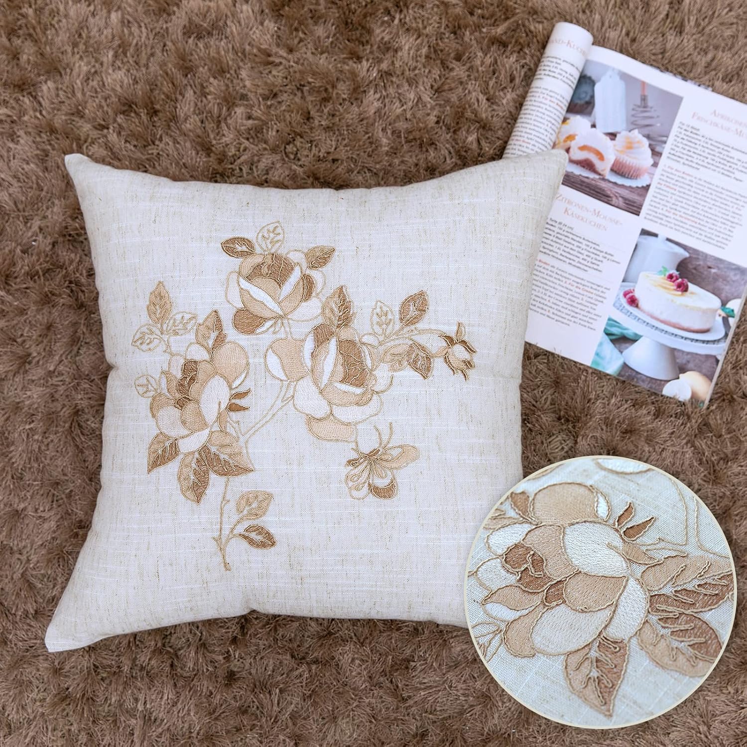 Juego de 2 fundas de almohada de 18 x 18 pulgadas, color beige, suaves, con decoración de granja y rosa beige, exquisitas fundas de cojín bordadas
