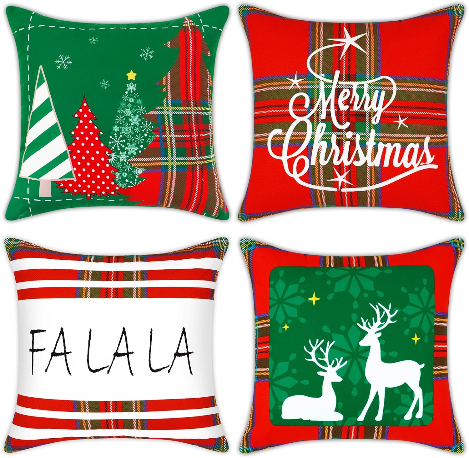 Juego de 4 fundas de almohada de Navidad de 18 x 18 pulgadas, diseño de búfalo, a cuadros, rojo y verde, decoraciones de Navidad, funda de cojín
