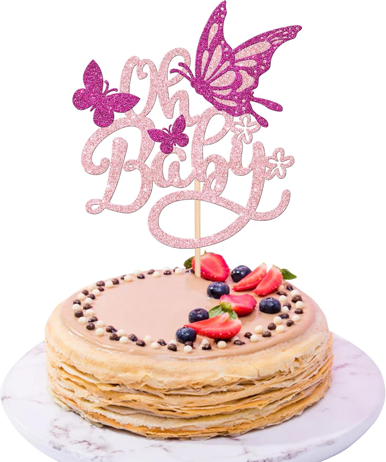 1 pieza de decoración de pastel de mariposa Oh Baby con purpurina para baby shower, mariposa para revelación de género, baby shower, fiesta de
