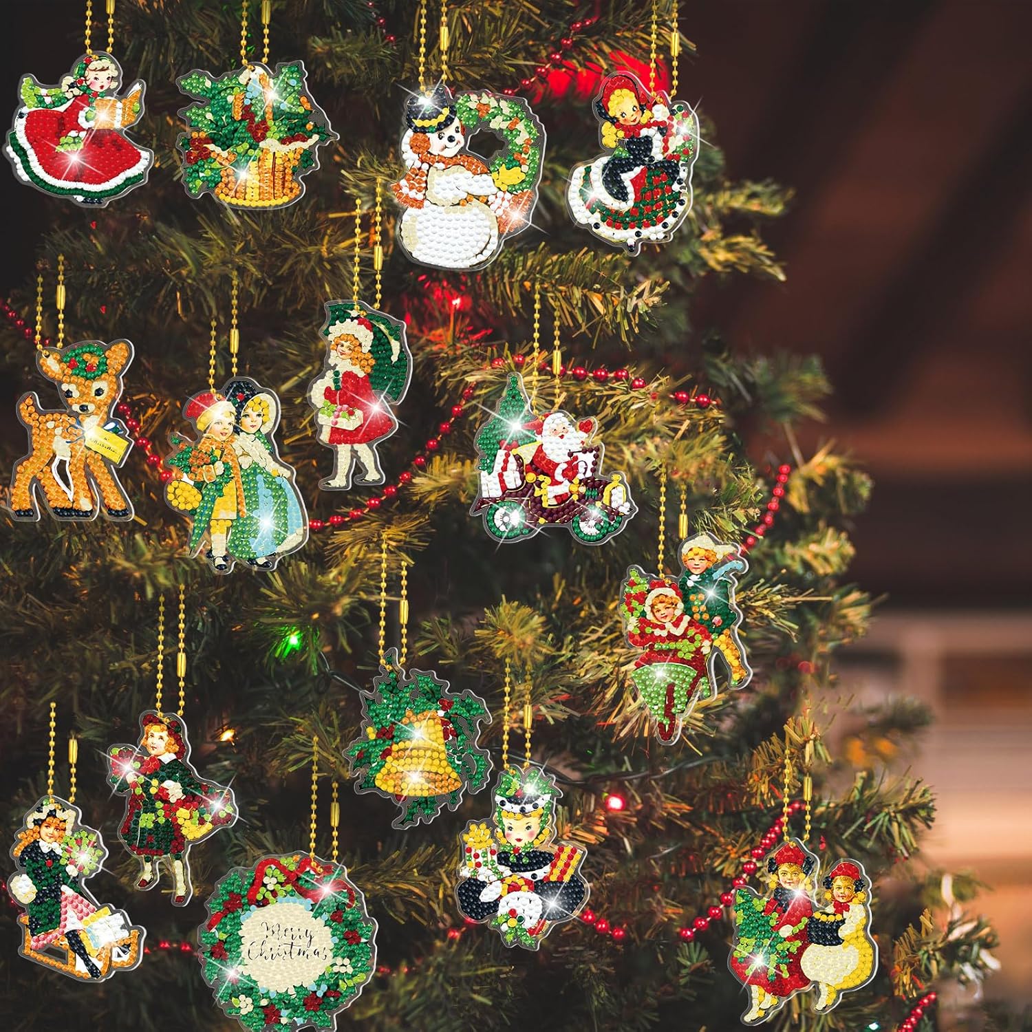 BBTO 15 llaveros de pintura de diamante vintage de Navidad, adornos de pintura de diamantes 5D, llaveros de arte de diamantes de Navidad para niños,