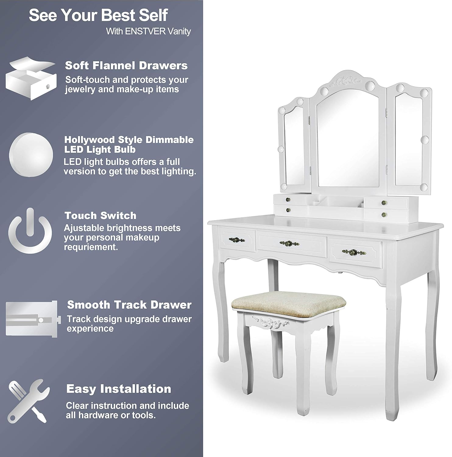 ENSTVER Vanity Beauty Station, espejos plegables, 6 organizaciones, 7 cajones, mesa de maquillaje con taburete acolchado, color blanco