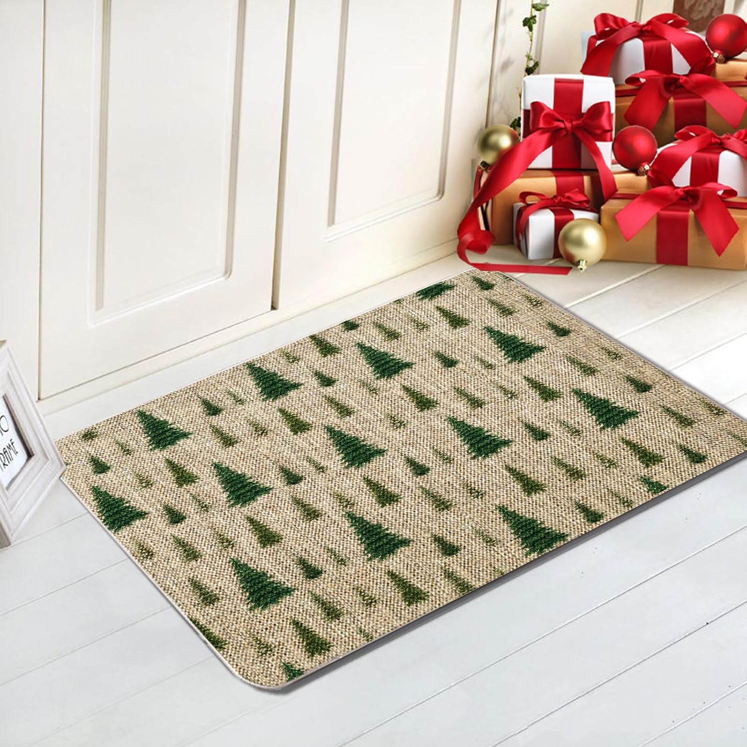 Tapete de Navidad para puerta de exterior, tapete de árbol de Navidad, tapete de entrada verde, tapete de puerta de invierno, decoración de casa de