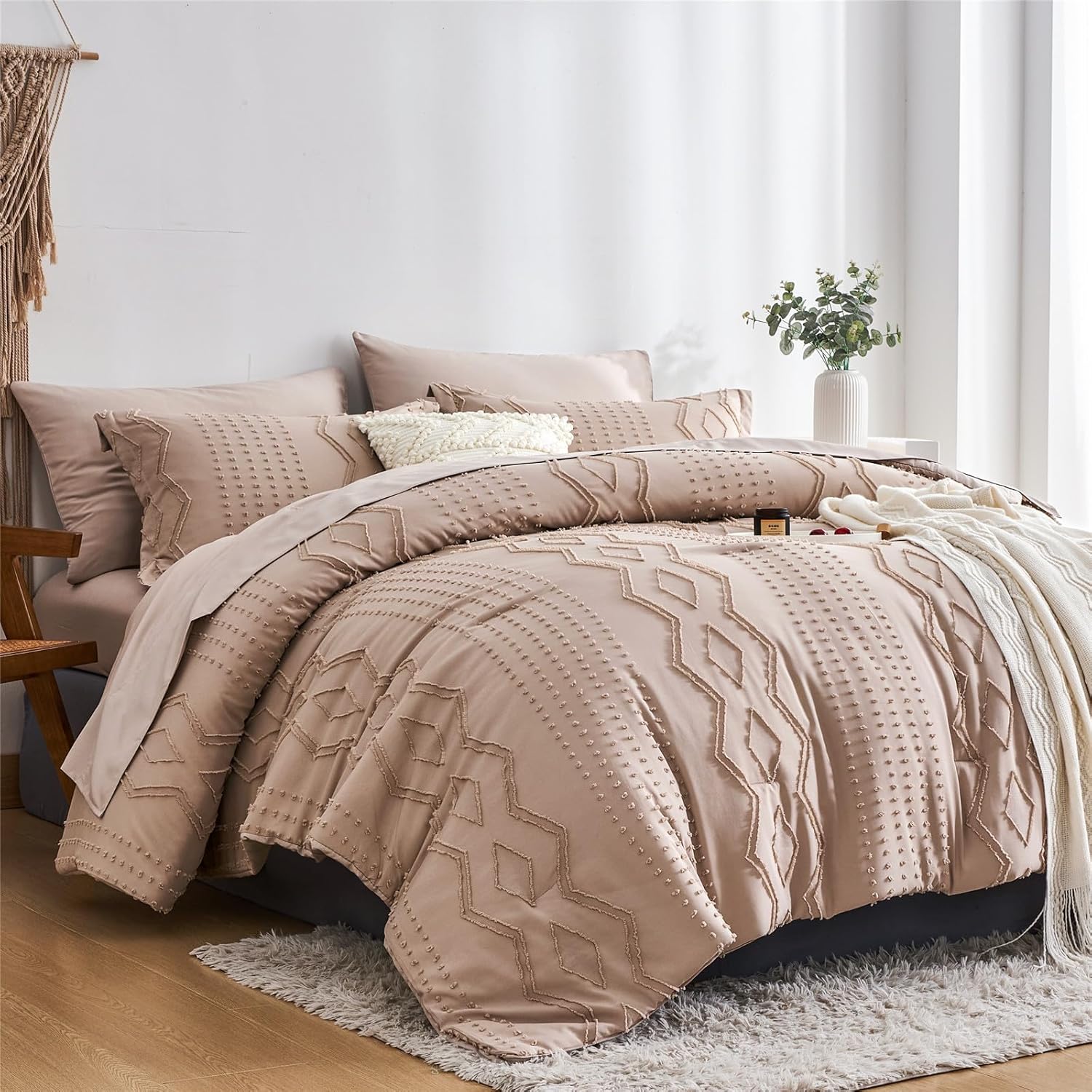 Juego de edredón tamaño King de 7 piezas de ropa de cama bohemia en una bolsa, juego de ropa de cama con textura geométrica, juego de ropa de cama