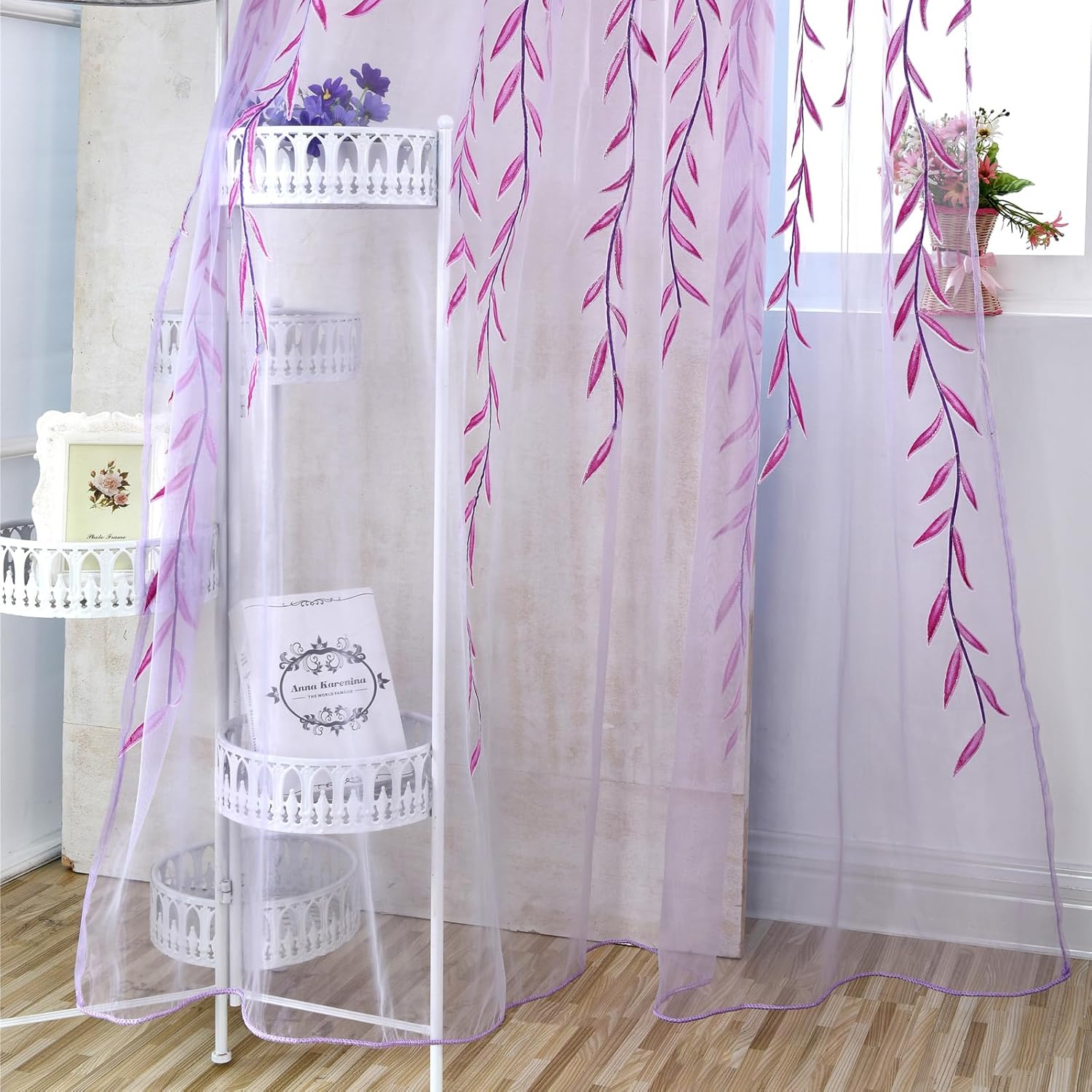 2 piezas de cortina de ventana de hojas de sauce de gasa de tul para habitación de hojas de salix transparente, cortina de panel de gasa cortina de