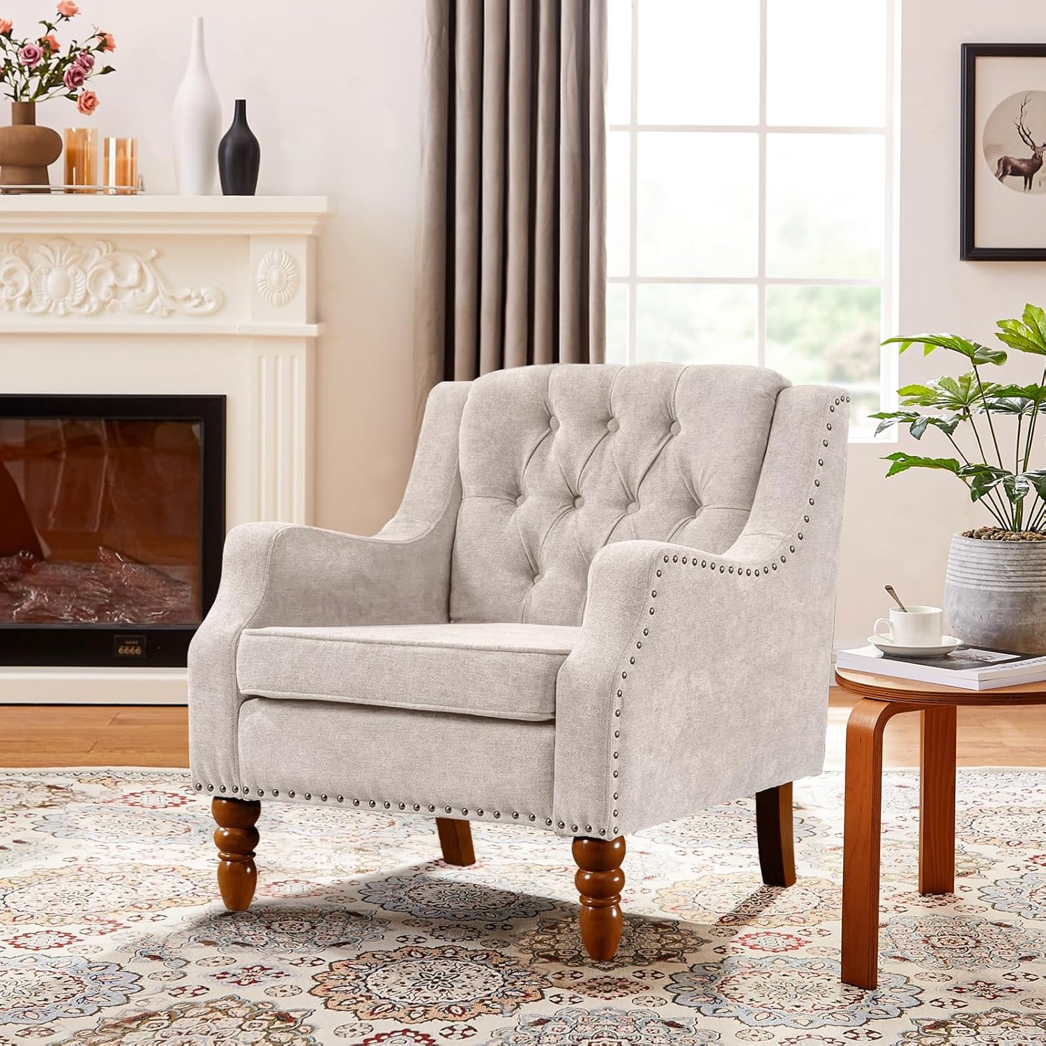 TTK Sillas decorativas de tela de lino, moderna de mediados de siglo, silla decorativa tapizada individual con respaldo, cómoda silla de lectura con