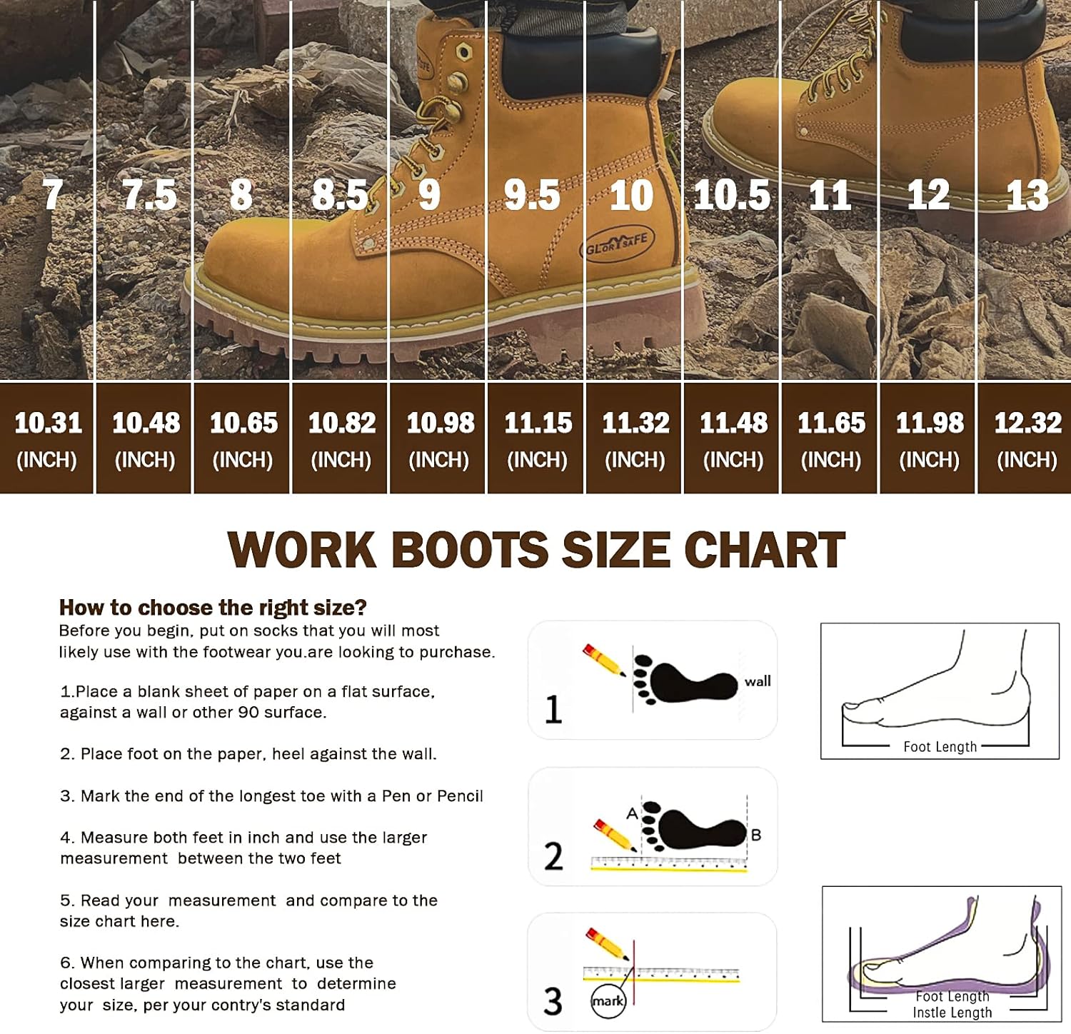 glorysafe Botas de trabajo para hombre con puntera suave, impermeables y antideslizantes, botas de seguridad de 6 pulgadas para construcción, botas