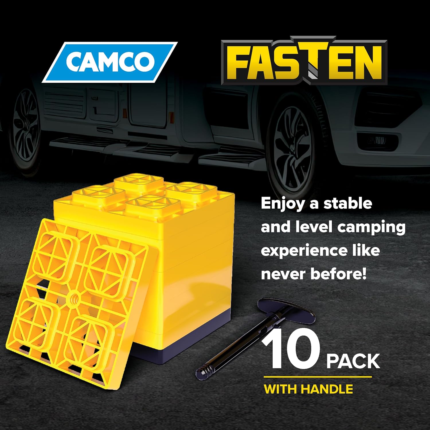 Camco FasTen 21022, bloques de nivelación para cámper y caravana, diseñados con resina resistente a los rayos UV y práctica asa de transporte para