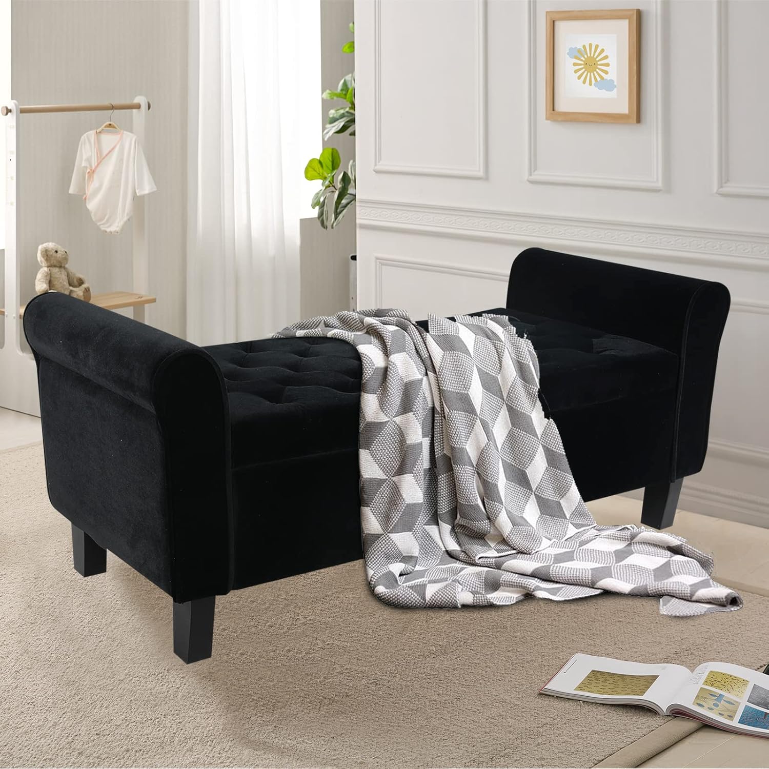 ECOMEX Banco de almacenamiento para el extremo de la cama, banco de terciopelo para dormitorio con almacenamiento, banco de ventana con brazo