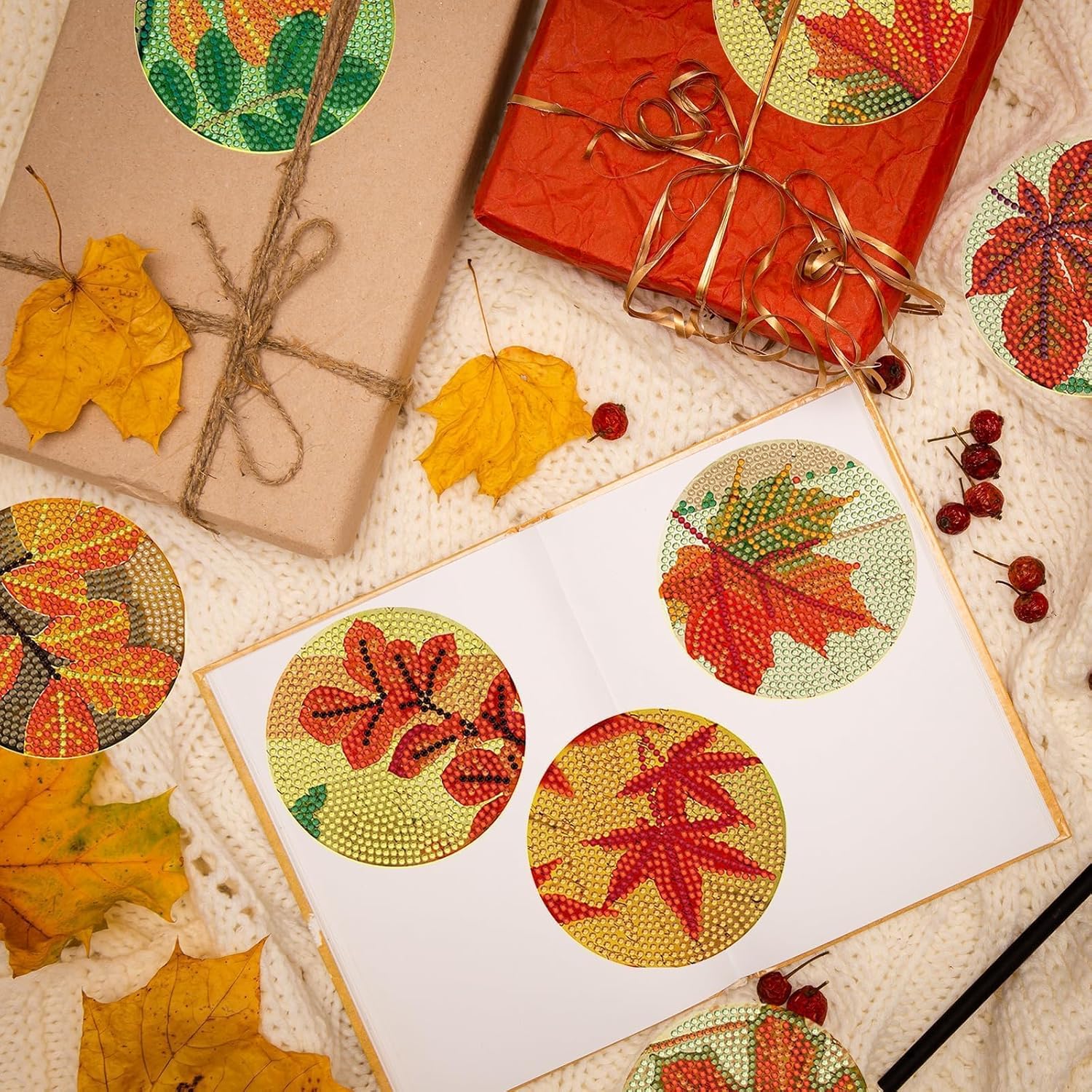 8 posavasos de diamante con hojas de arce de otoño, vintage, con soporte, diseño de hojas de arce de otoño, posavasos de arte de diamante 5D,