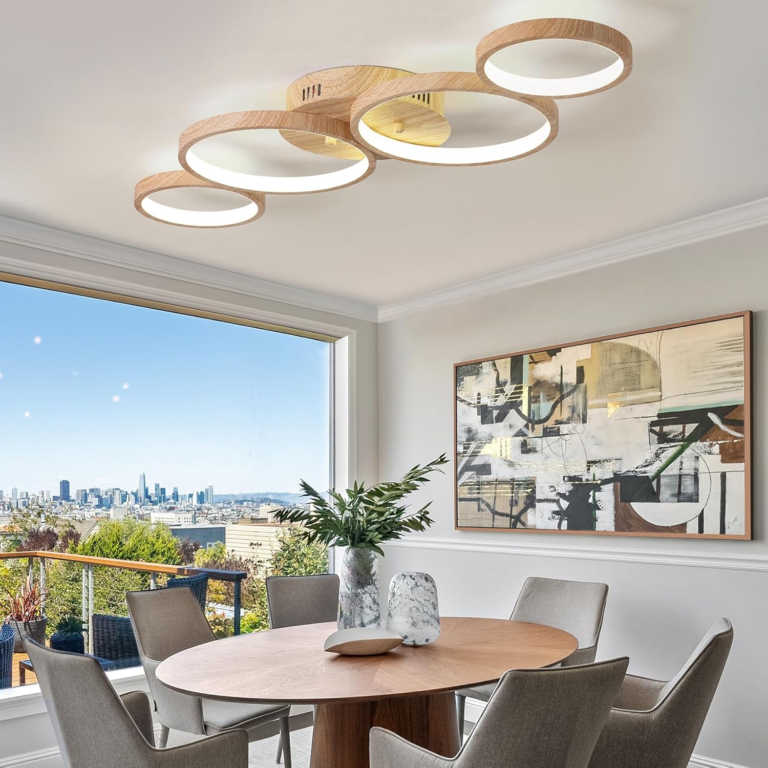 Lámpara de techo LED de madera, montaje empotrado, 48 W, 3840 lm, 4 anillos, lámpara de techo para sala de estar, dormitorio, comedor, 3 colores, L