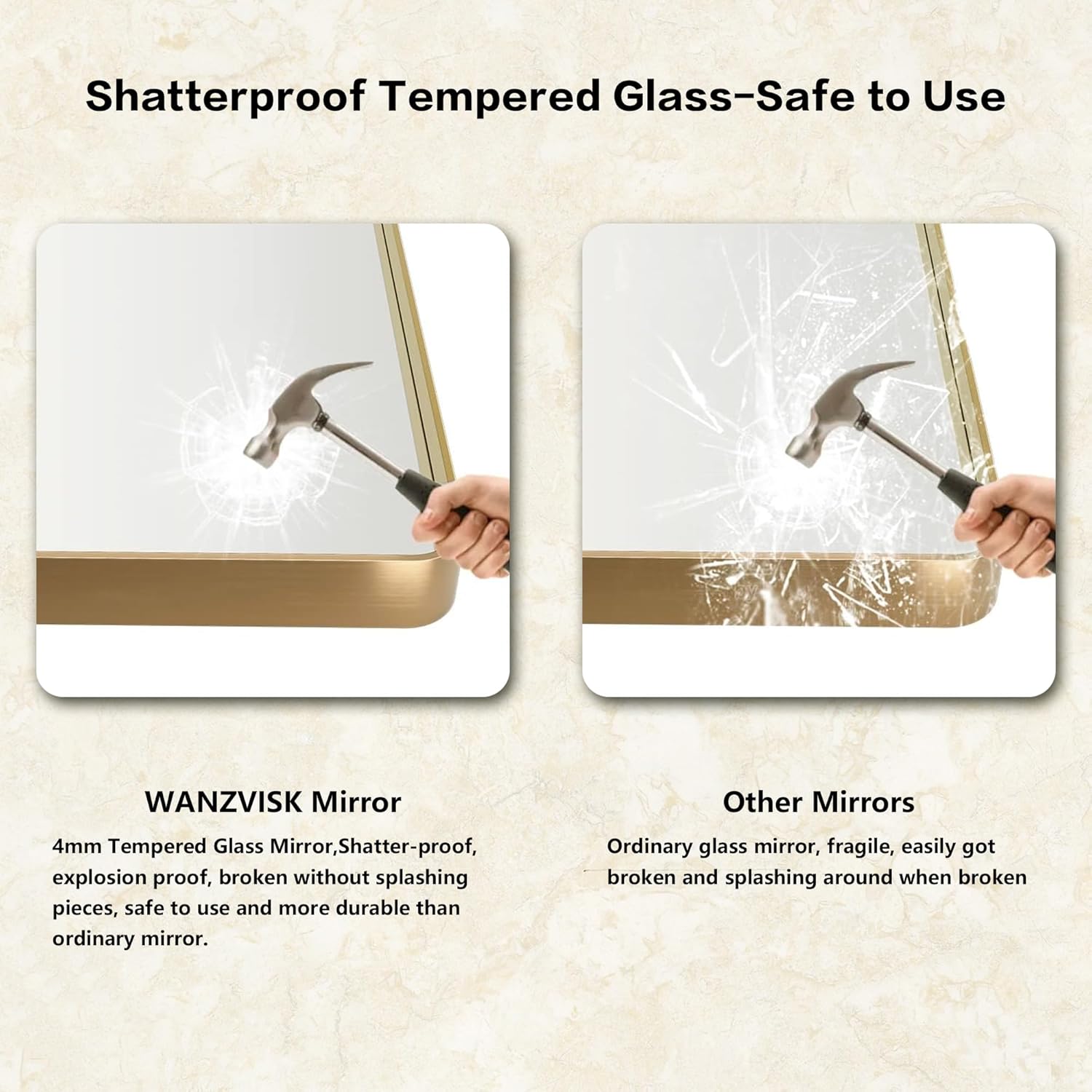 Wanzvisk Espejos con marco dorado para baño, espejo rectangular de 36 x 36 pulgadas para pared, espejo de tocador dorado mate con vidrio templado,