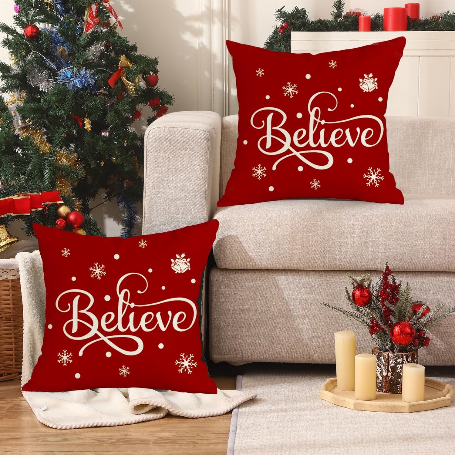 RABUSOFA Fundas de cojín de Navidad de 18 x 18 pulgadas, fundas de almohada de copo de nieve de invierno, almohadas rojas de Navidad, decoración de