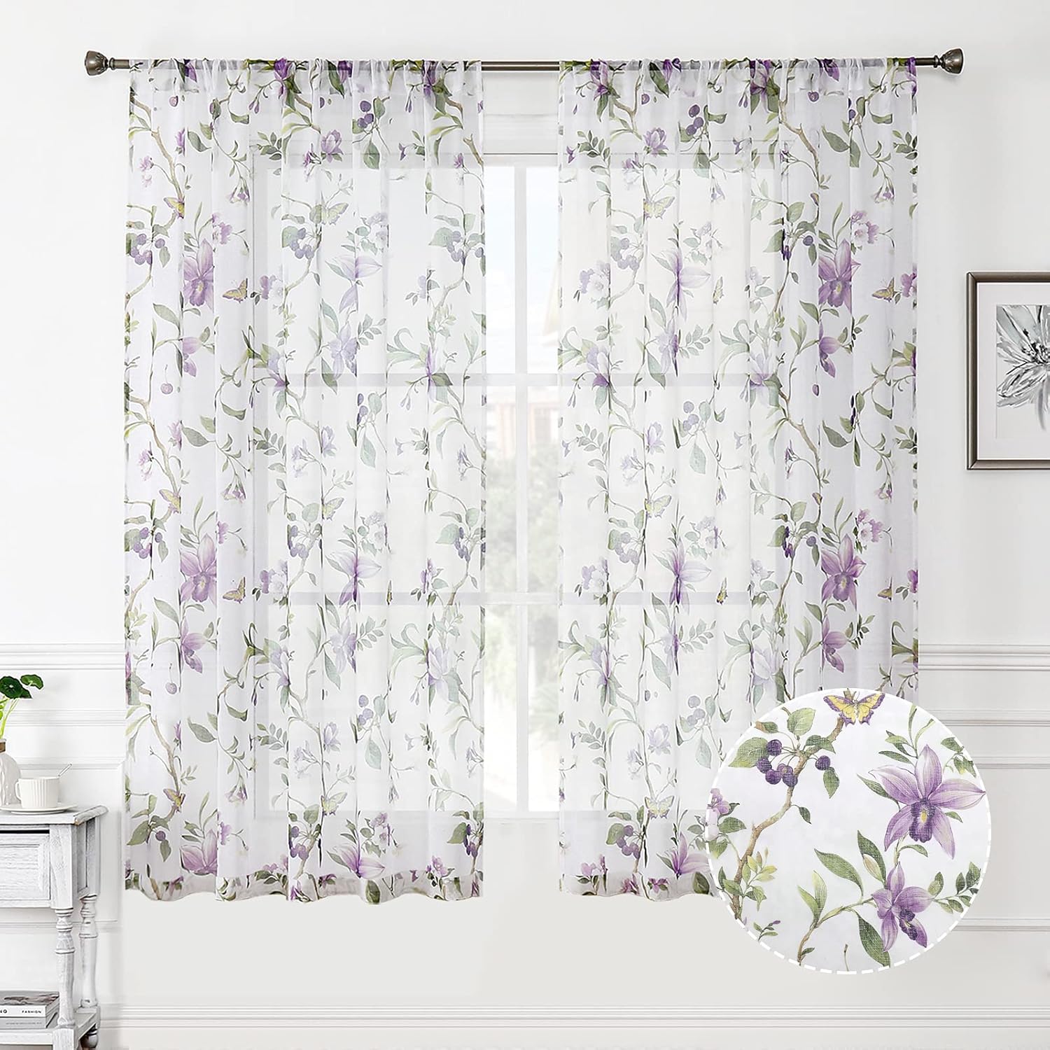 Tollpiz Cortinas traslúcidas con estampado floral de cerezo morado y mariposa, cortinas para sala de estar, cortinas con bolsillo para barra,