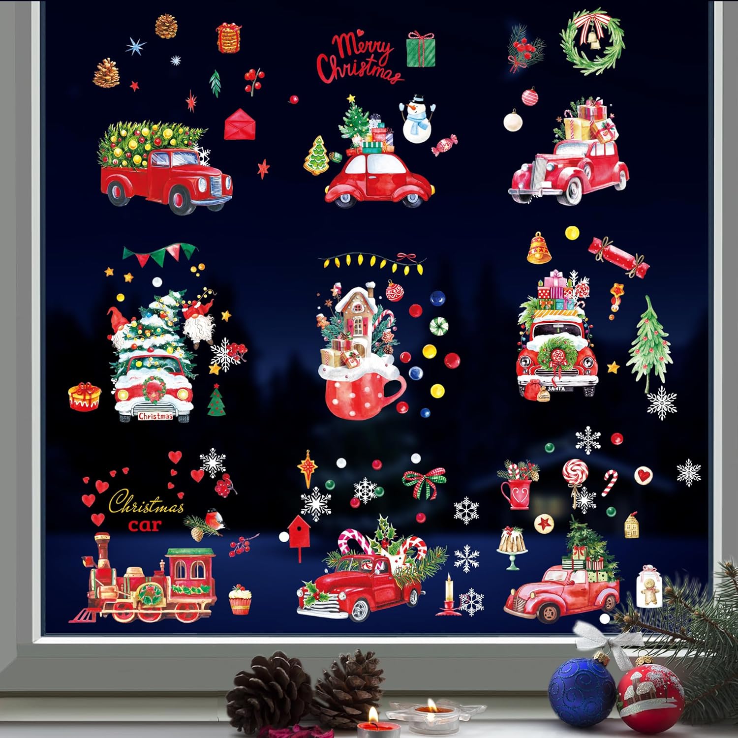 Adhesivos de Navidad para ventana, decoración de ventanas de Navidad, calcomanías de invierno para ventana, grandes, copo de nieve, coche, Papá