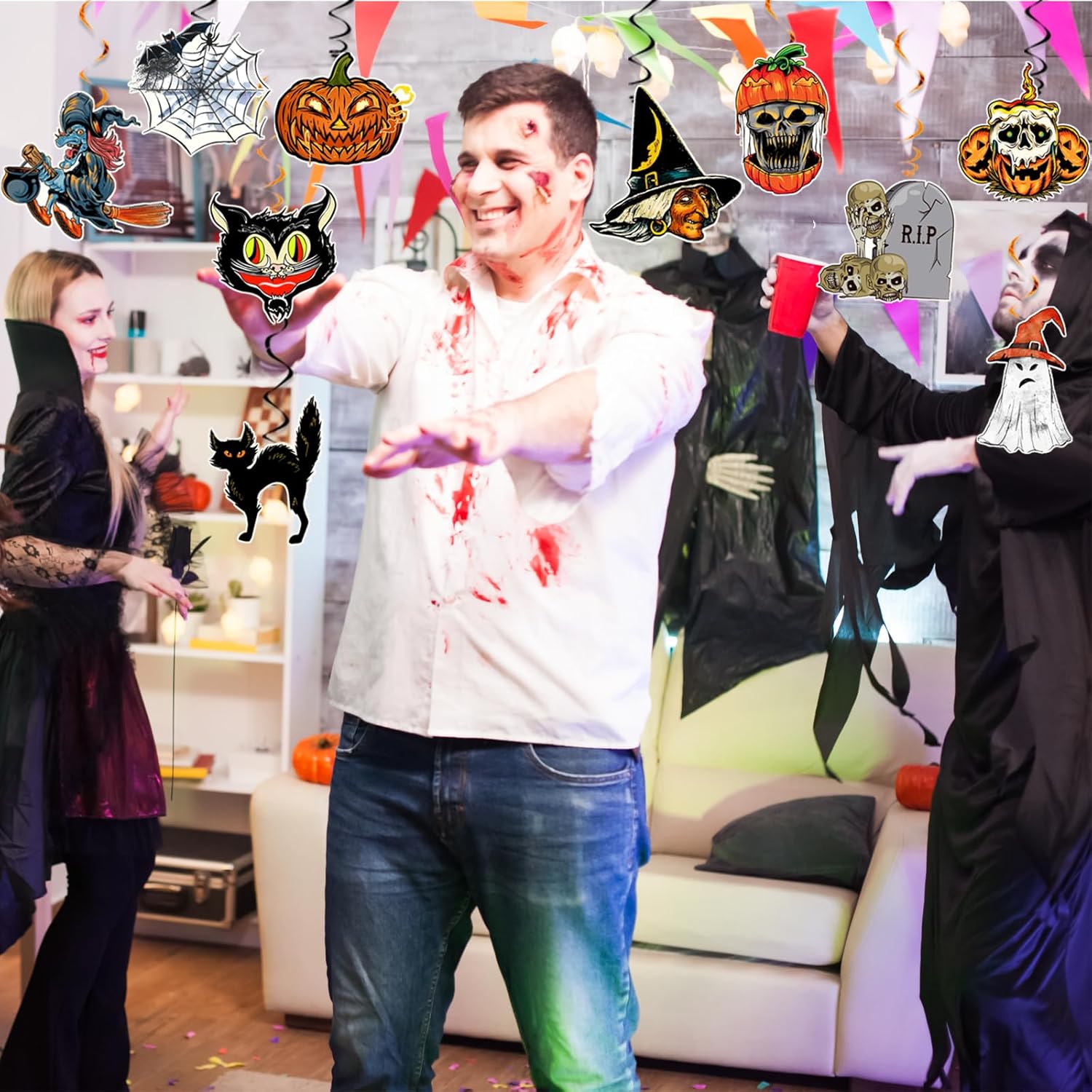 Decoraciones colgantes de Halloween en forma de remolino, decoraciones de fiesta de brujas, calabaza, telaraña, fantasma, tumba recortada para