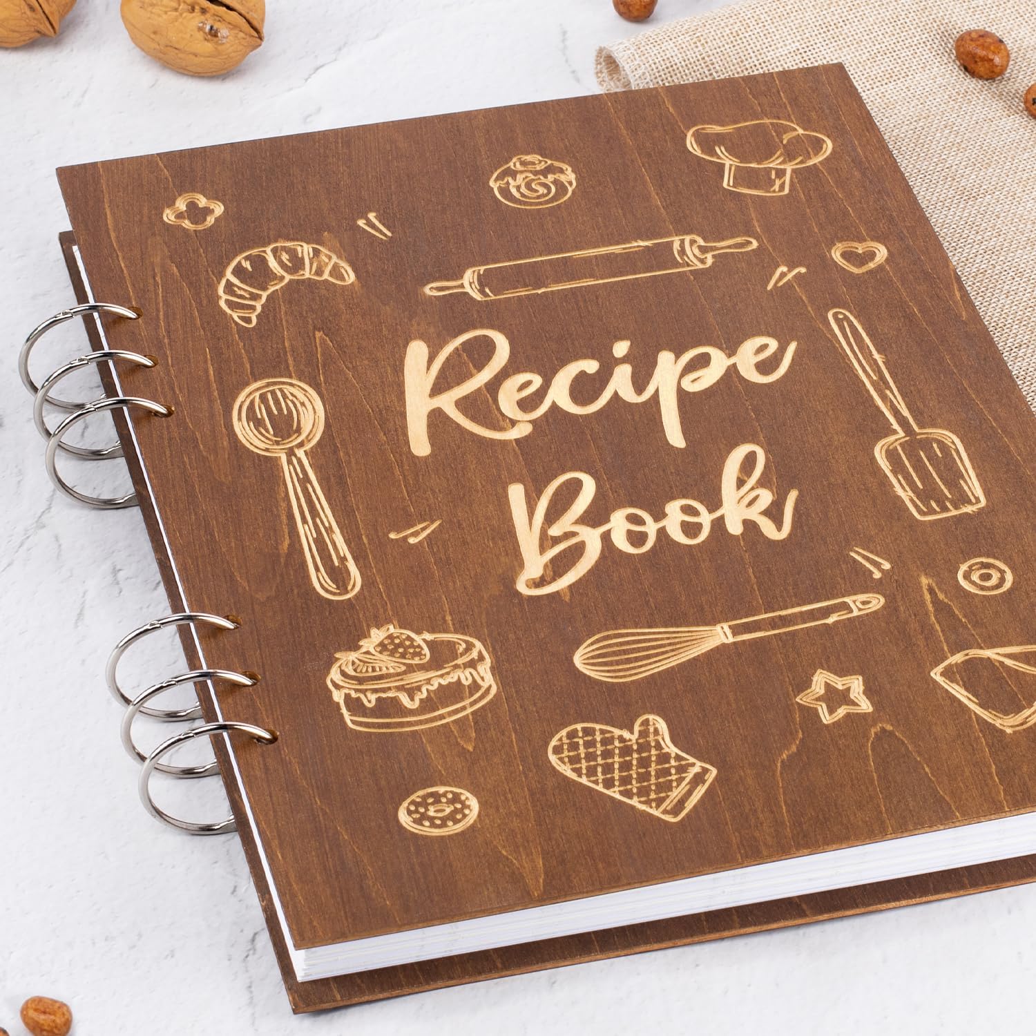 Creawoo Libro de recetas de madera para escribir en tus propias recetas, carpeta de recetas en blanco personalizada, libro de cocina, recetas