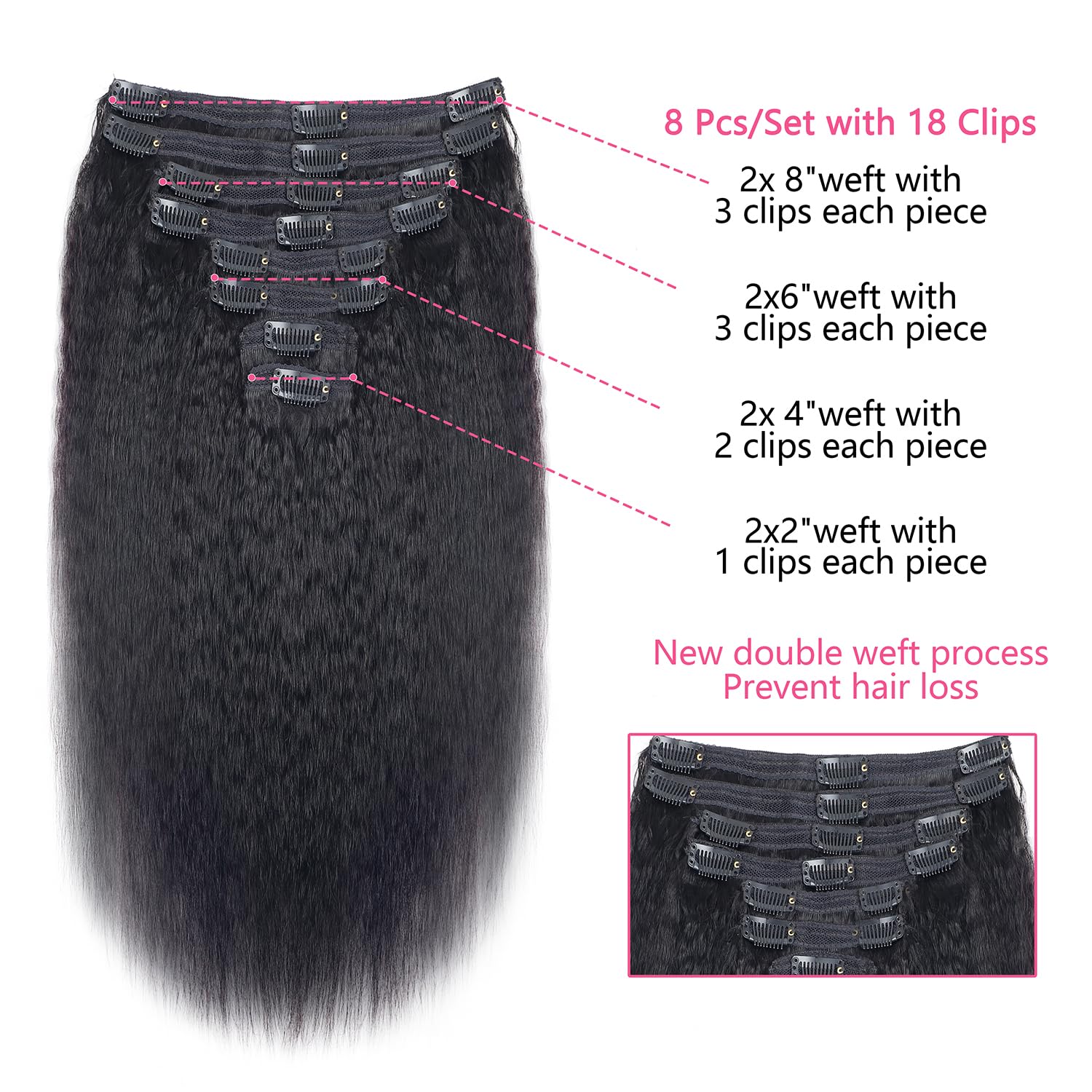 Extensiones de cabello humano real con clip, color negro natural, doble trama, para mujeres, 12 pulgadas, 4.23 oz, 8 unidades, 4.23 oz