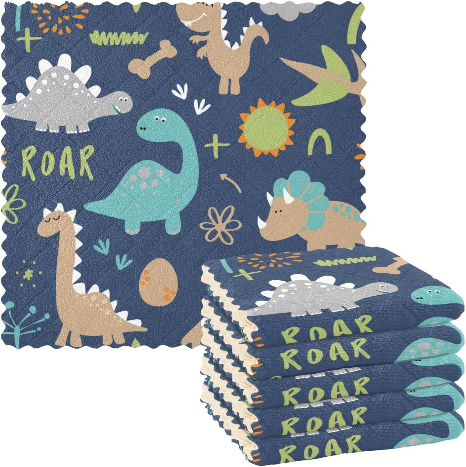 Dino Funny Cartoon Bones Blue Quality Print Microfiber Kitchen Towels Quick Dry 6 Pack Microfiber Absorbant Towel for Countertop Oven