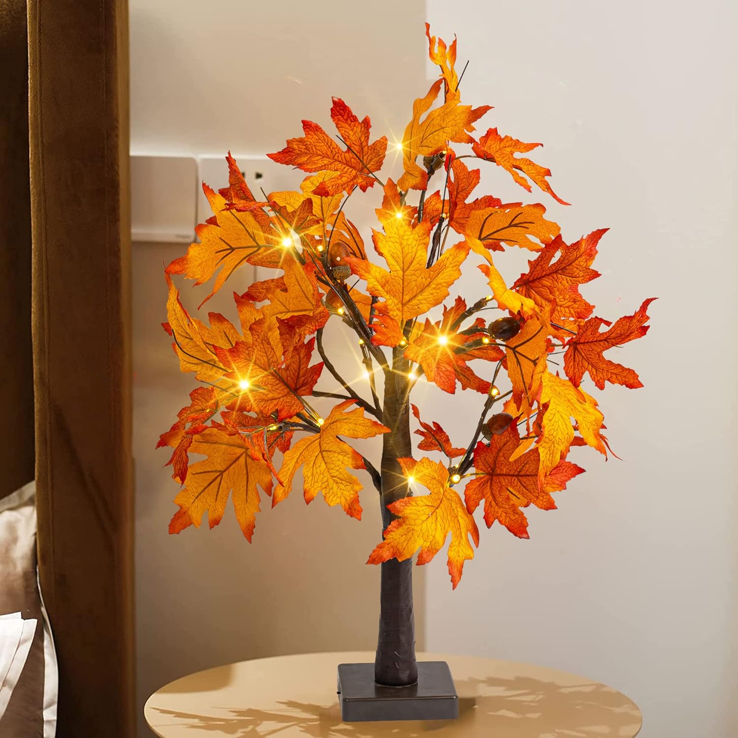 Dazzle Bright Paquete de 2 decoraciones de árbol de arce de otoño iluminadas de 24 pulgadas, 24 luces LED, funciona con pilas, árbol artificial con