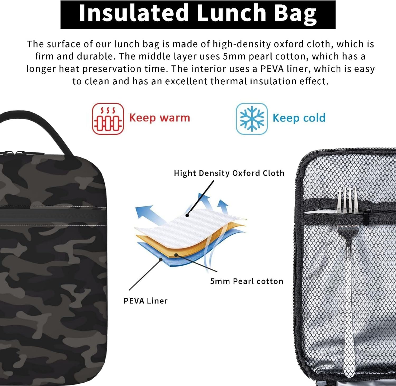 Bolsa de almuerzo portátil de camuflaje negro y gris con aislamiento, bolsa de almuerzo reutilizable para mujeres hombres trabajo picnic camping