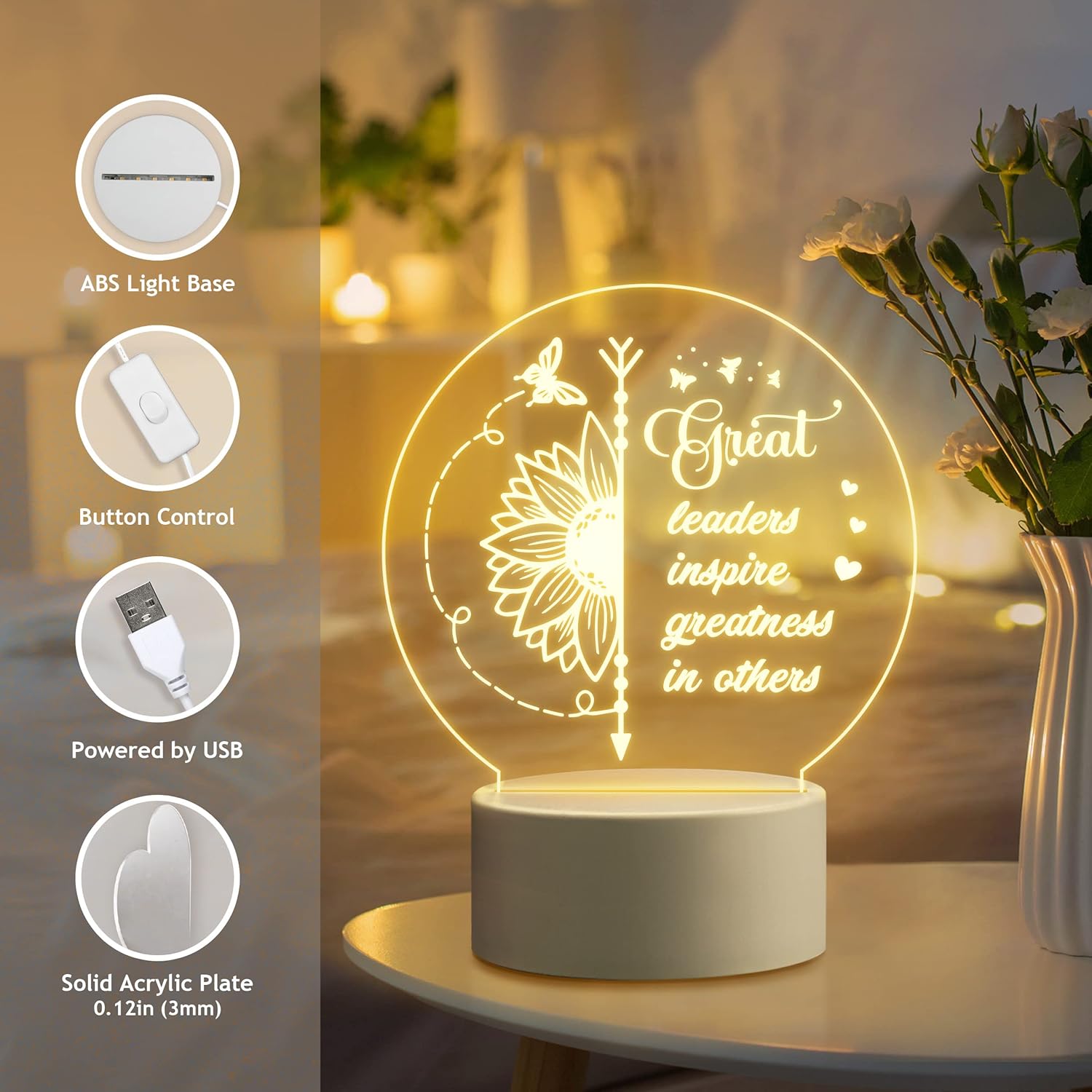 Pandasch Los mejores regalos para jefas para mujeres, luz nocturna acrílica única con palabras cálidas, regalo de agradecimiento pensado para