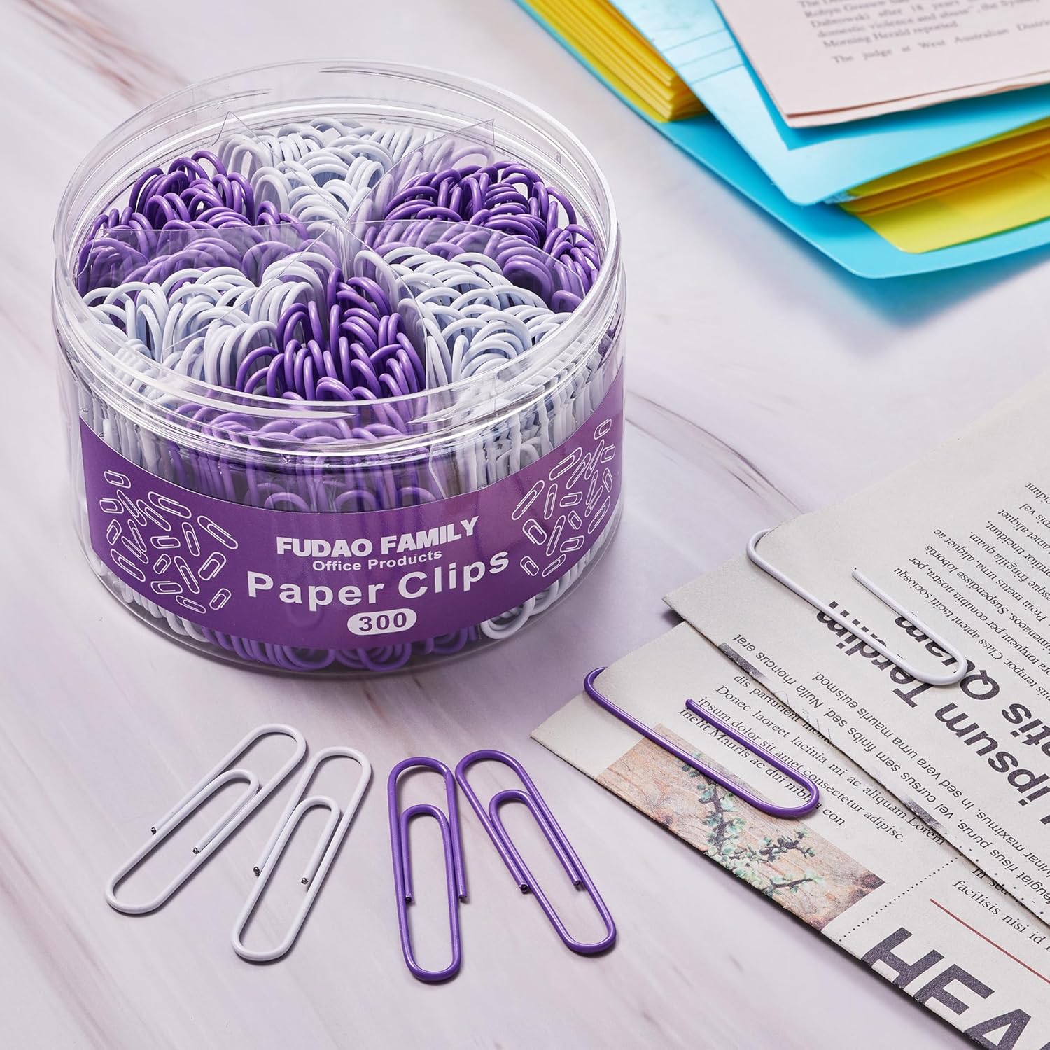 300 clips de papel jumbo, clips grandes de color morado y blanco, clip de papel de 2 pulgadas (1.969 in) para organización de documentos de oficina