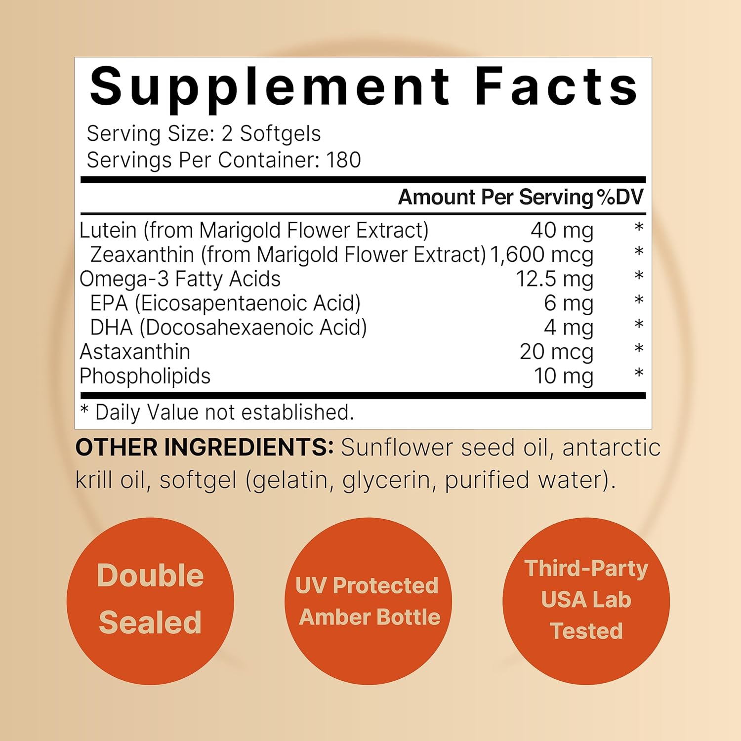Luteína 40 mg y zeaxantina 1,600 mcg por porción, 360 cápsulas blandas  4 en 1 con omega-3, astaxantina y fosfolípidos – Extracto de flor de