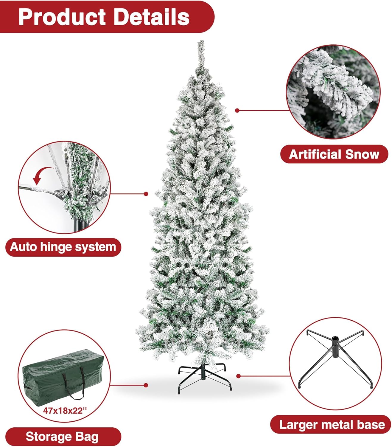 Árbol de Navidad con forma de lápiz de nieve de 7.5 pies, árbol de Navidad artificial de esquina delgada sin iluminación con 641 puntas de rama,