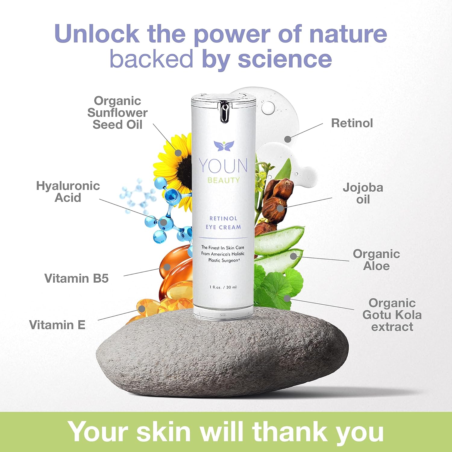 YOUN Beauty Crema de ojos Retinol por Holistic Plastic Surgeon Dr. Anthony Youn – Crema de ojos de noche sin parabenos con 1% de retinol y ácido