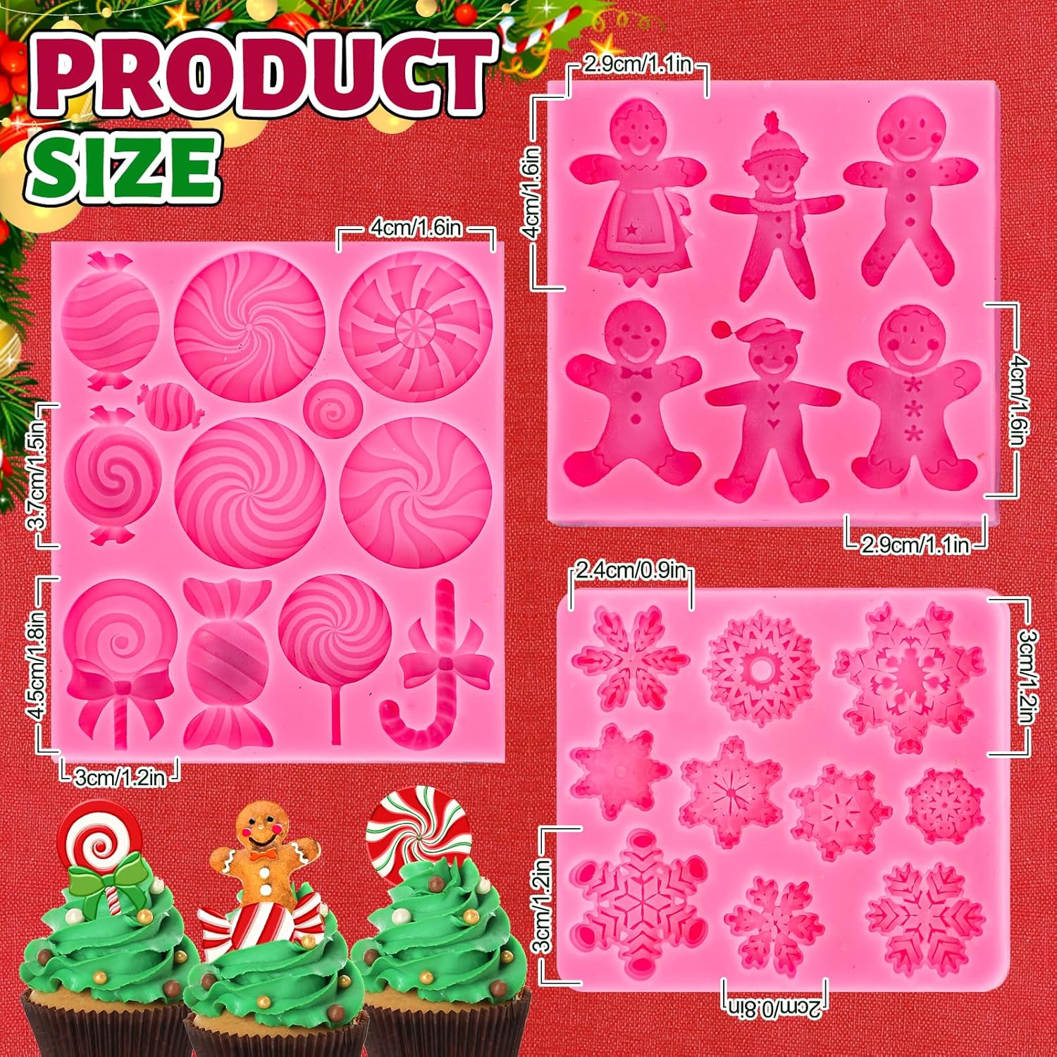 Whaline Molde de silicona para caramelo de Navidad, 3 unidades, molde de silicona de copo de nieve de hombre de jengibre rosa, molde de caramelo de