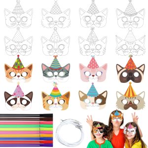 Juego de 16 máscaras de animales DIY, máscara para colorear de gato, máscara de fiesta de gato con 24 piezas de bolígrafo de acuarela, máscara en Juego de 16 máscaras de animales DIY, máscara para colorear de gato, máscara de fiesta de gato con 24 piezas de bolígrafo de acuarela, máscara en