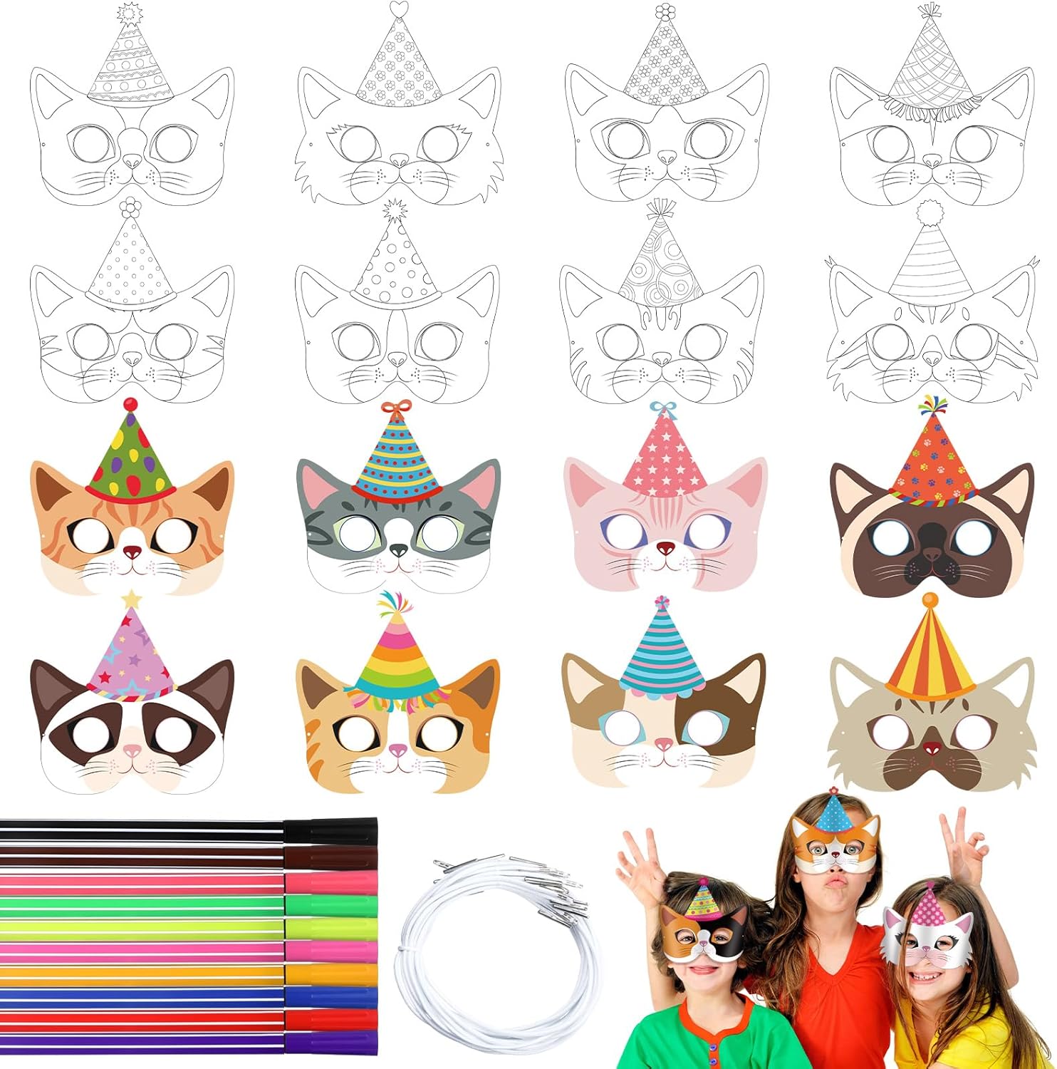 Juego de 16 máscaras de animales DIY, máscara para colorear de gato, máscara de fiesta de gato con 24 piezas de bolígrafo de acuarela, máscara en