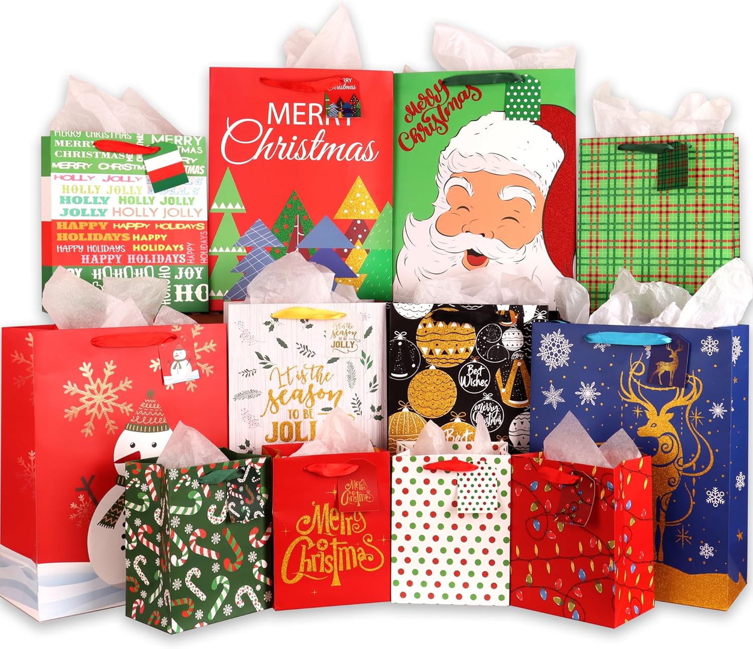 Giiffu Bolsas de regalo brillantes de Navidad, 12 estilos de bolsas de Navidad a granel, bolsas de Navidad con asas, bolsas de regalo reutilizables,