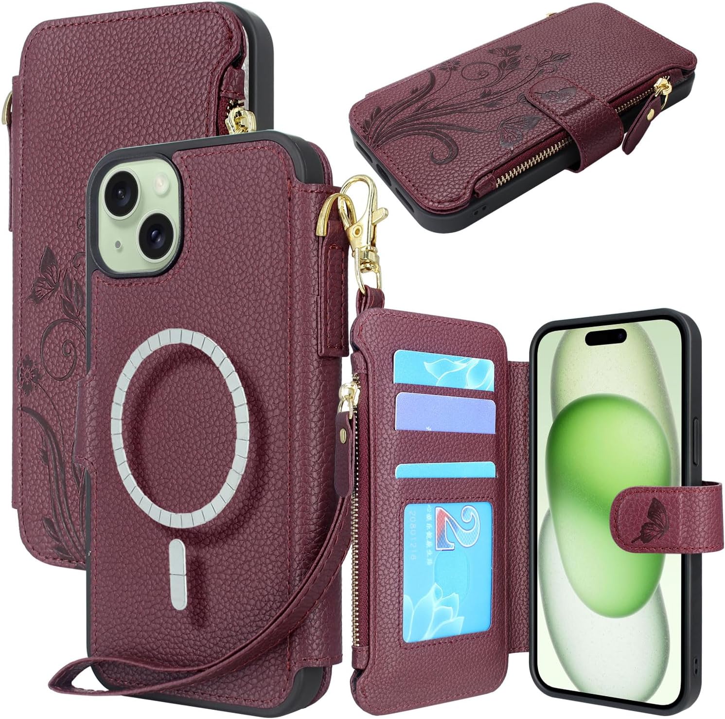 Lacass Compatible con MagSafe Case Wallet para iPhone 15 PlusiPhone 14 Plus de 6.7 pulgadas, 3 tarjeteros con cremallera de piel, cierre magnético,